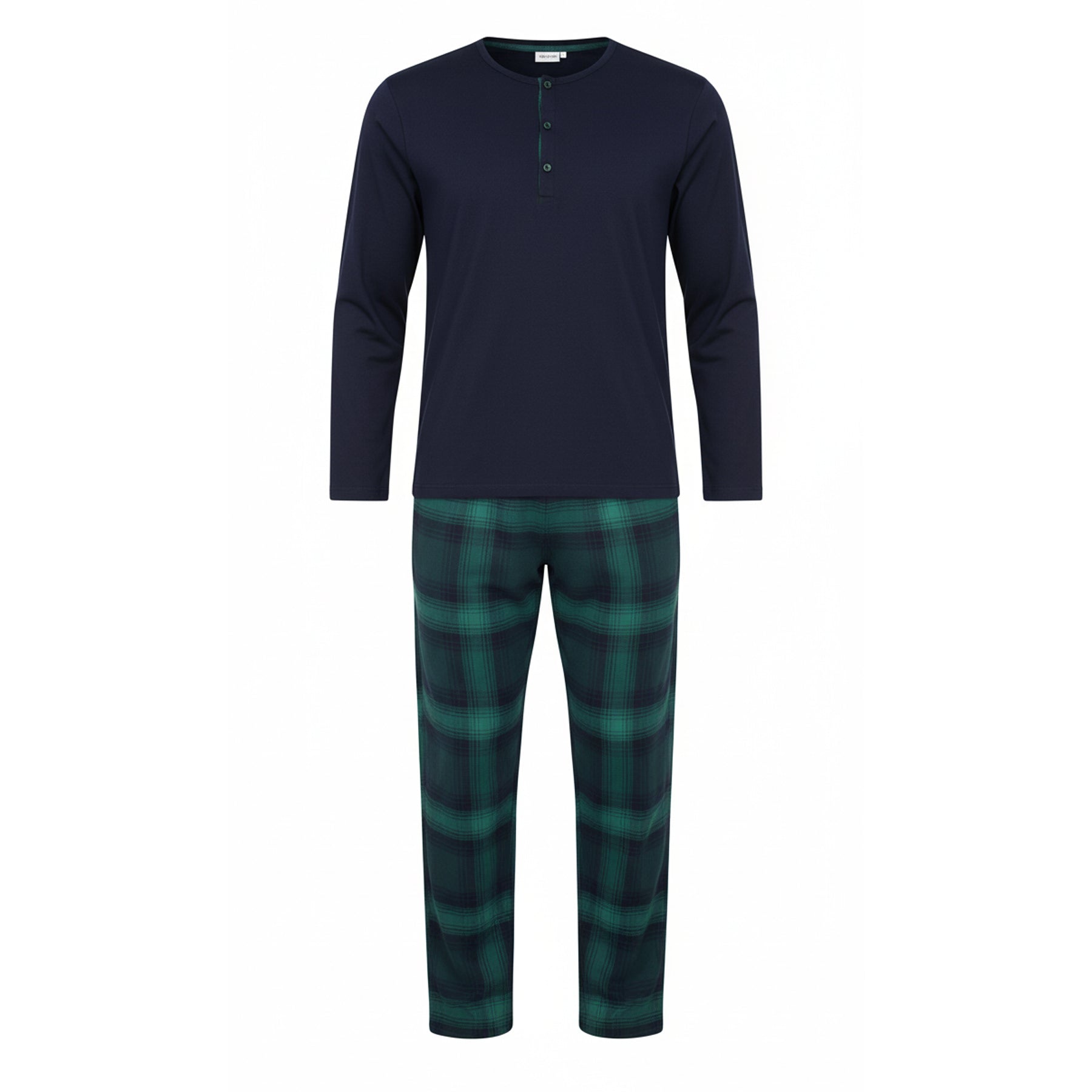 Man wearing men’s navy and green plaid pajama pants, comfortable cotton loungewear