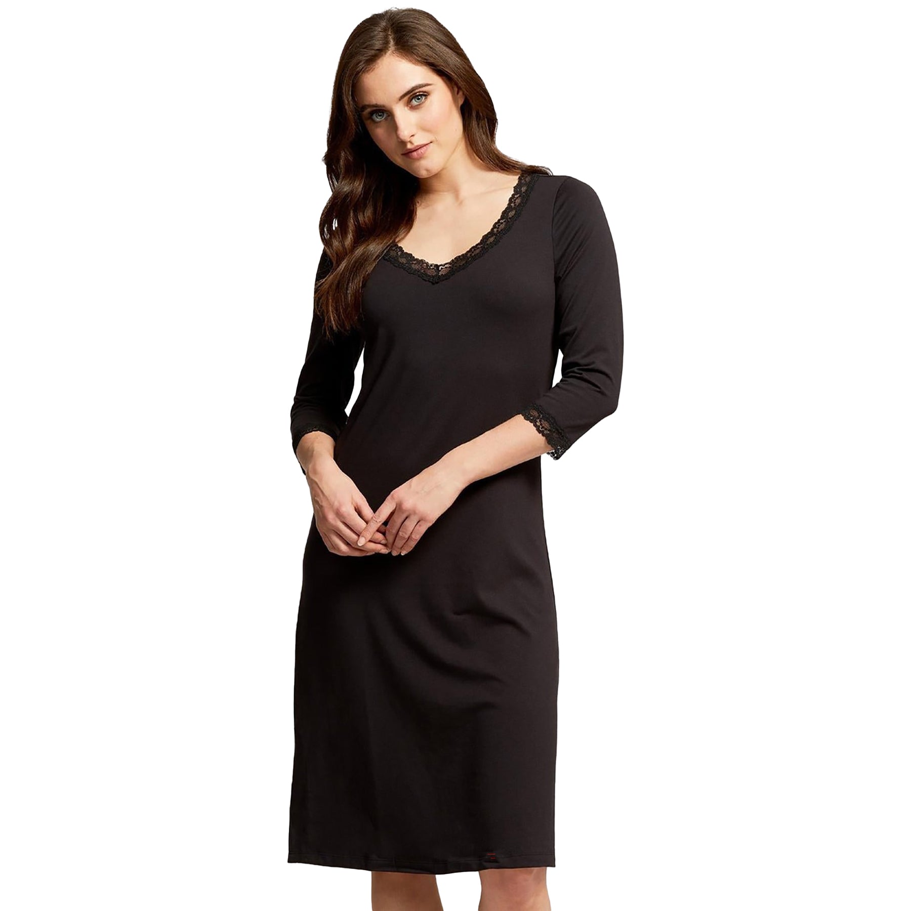 3/4 sleeve v-neck nightgown in black with lace trim sleeve and neckline. On model front view.