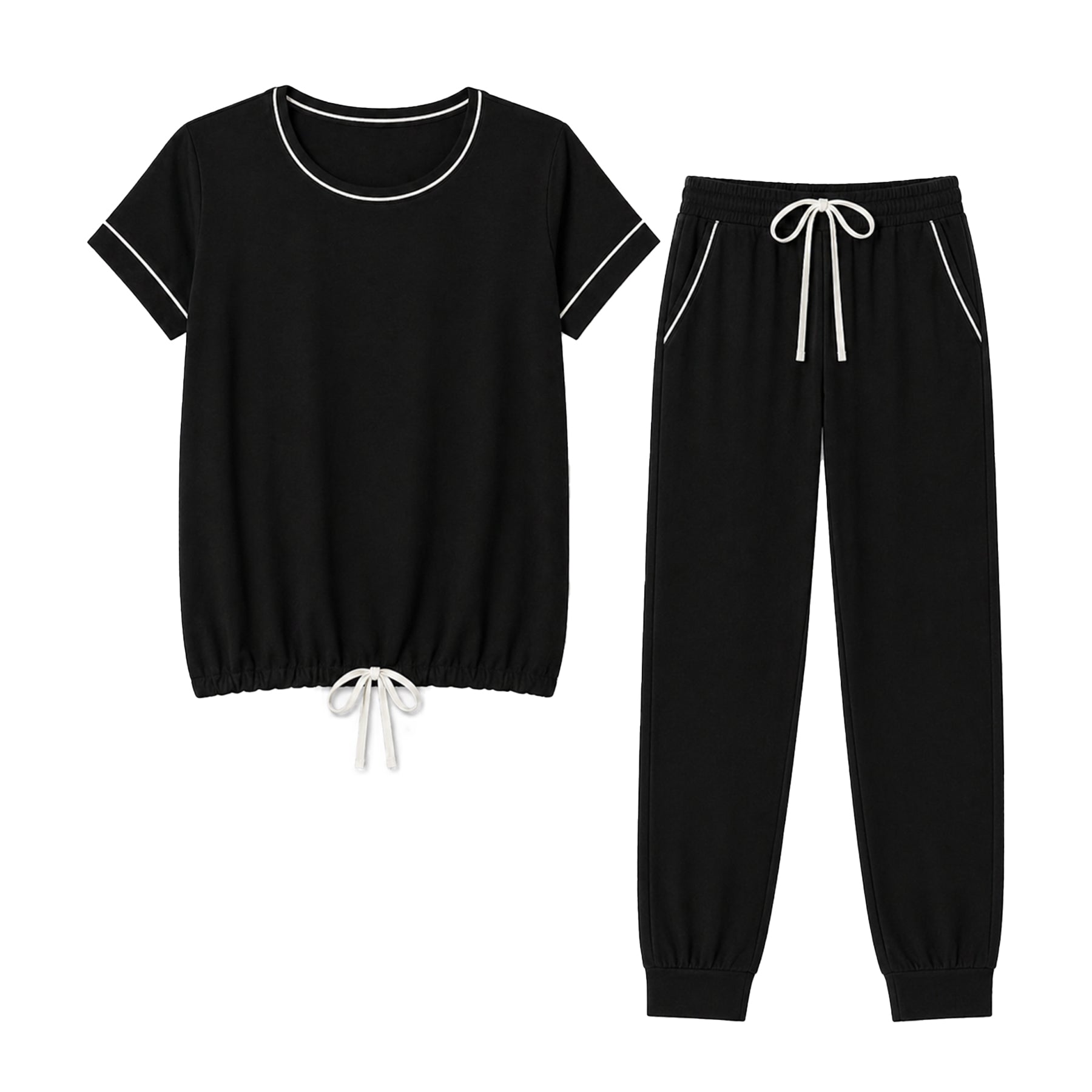 Black short sleeve pyjama set with white piping, drawstring waist and tapered jogger pants, angled model view