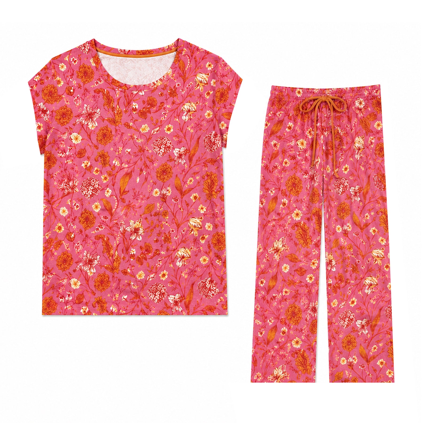 Pink botanical print pyjama set with short sleeve top and straight leg pants, floral pattern with drawstring waist