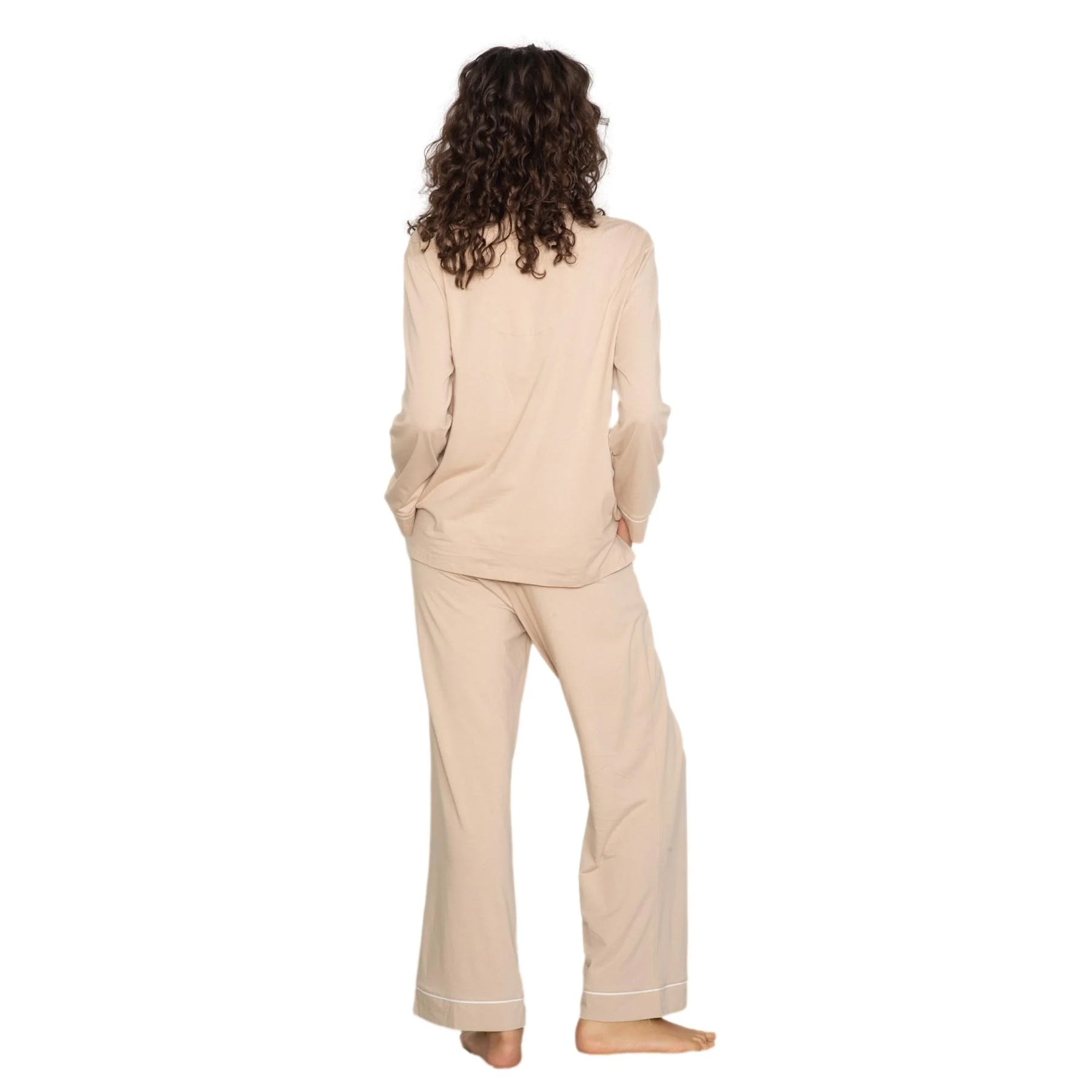 Soft beige classic pyjama set with relaxed fit long sleeve top and straight-leg pants, back view showing clean silhouette