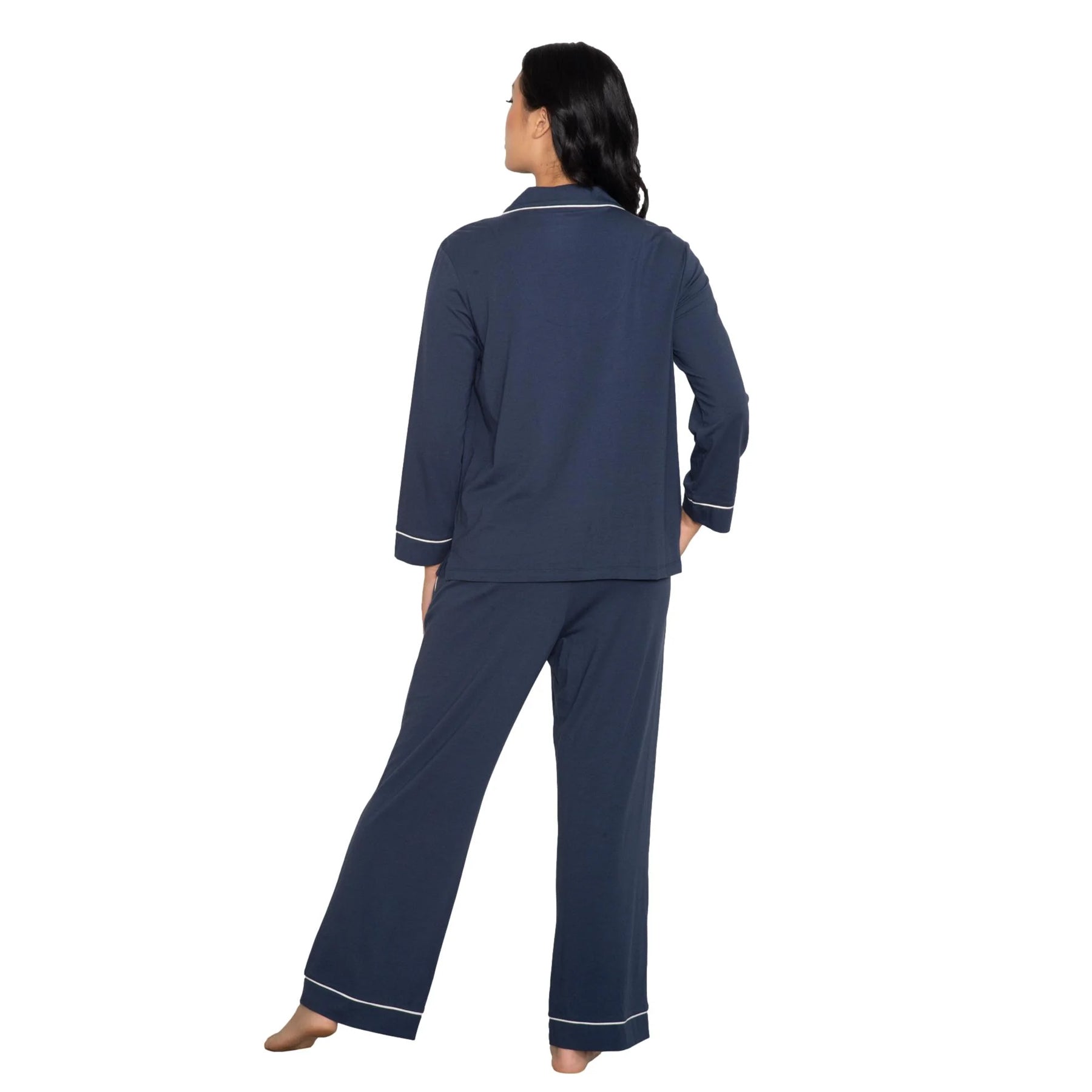 Navy blue sleepwear set with clean silhouette, long sleeve top and straight-leg pants, back view showing minimal design