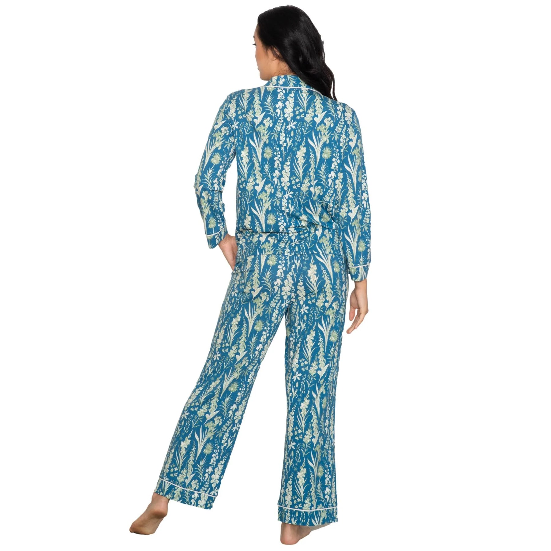 Teal garden print pyjama set with soft drape and wide-leg pants, back view showing full pattern