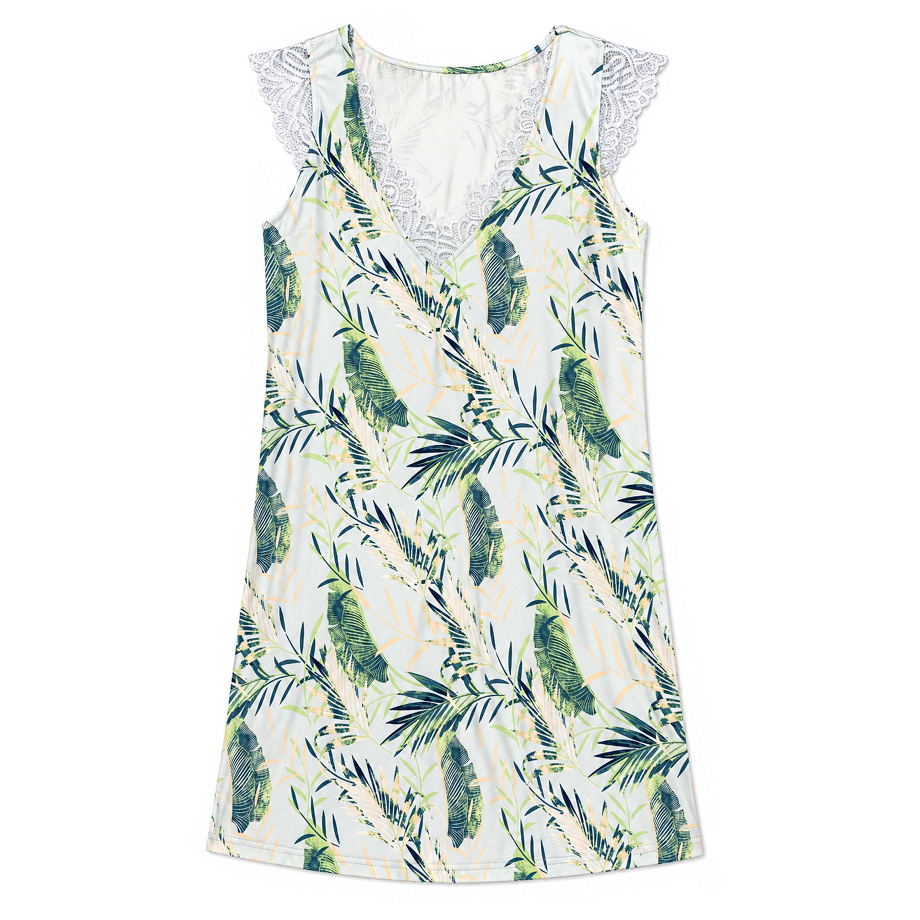 Women’s sleeveless chemise in soft ivory with green and blue leaf print, featuring a V-neckline with delicate white lace trim and lace cap sleeves, lightweight draped fabric.