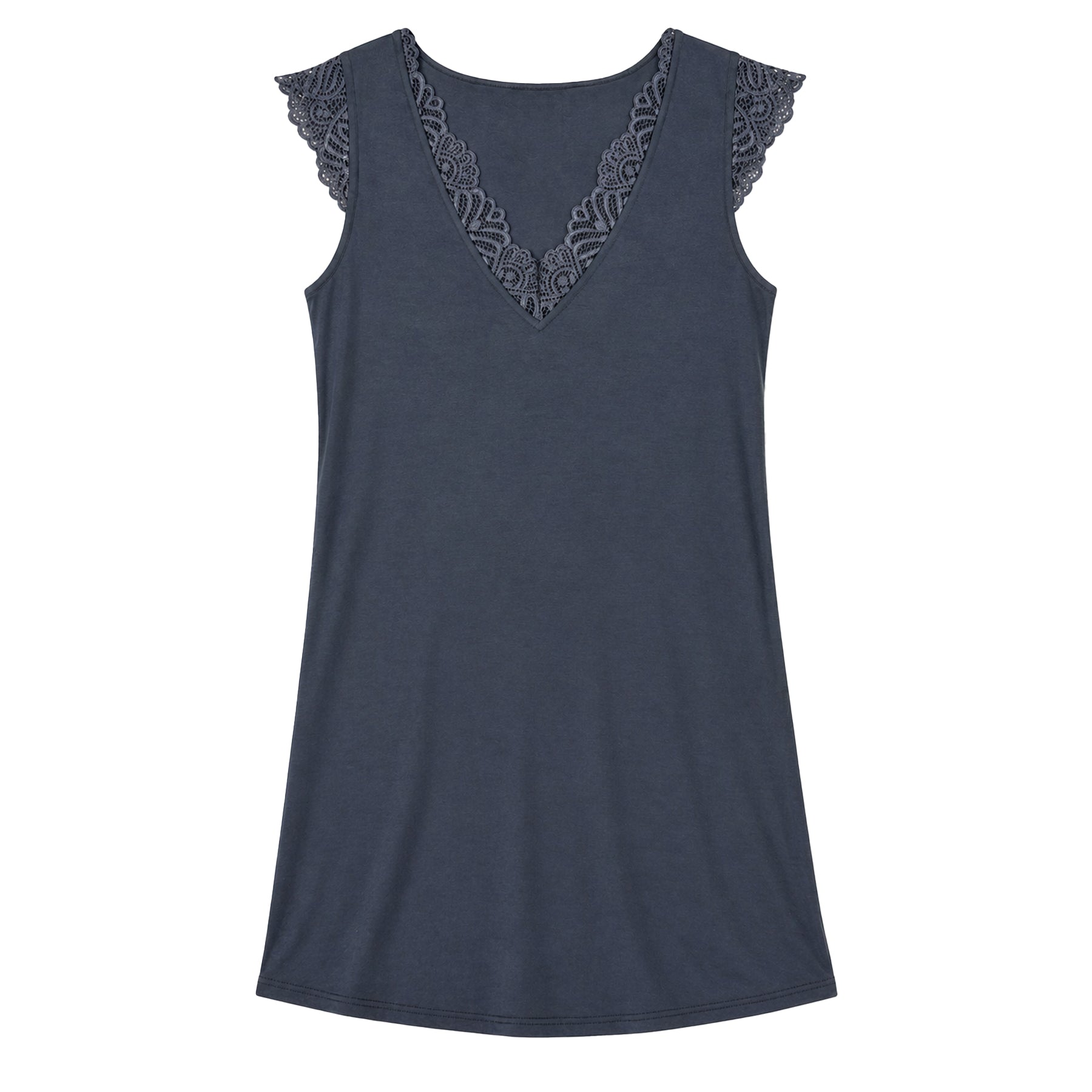 Navy sleeveless chemise with lace V-neckline and lace shoulder detail, soft draped silhouette