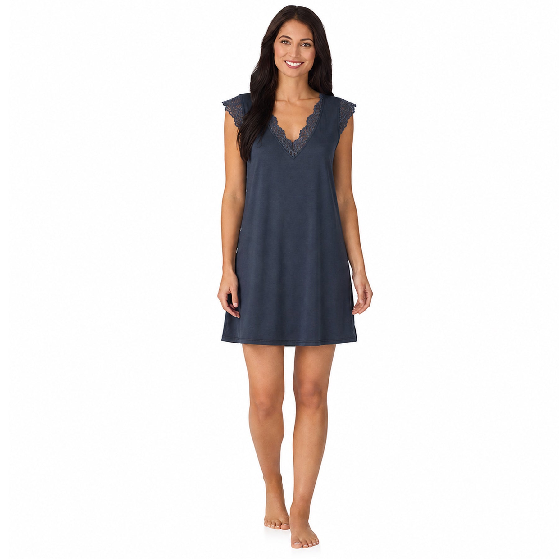 Navy lace trim chemise with V-neckline and sleeveless design, relaxed fit nightdress on model front view