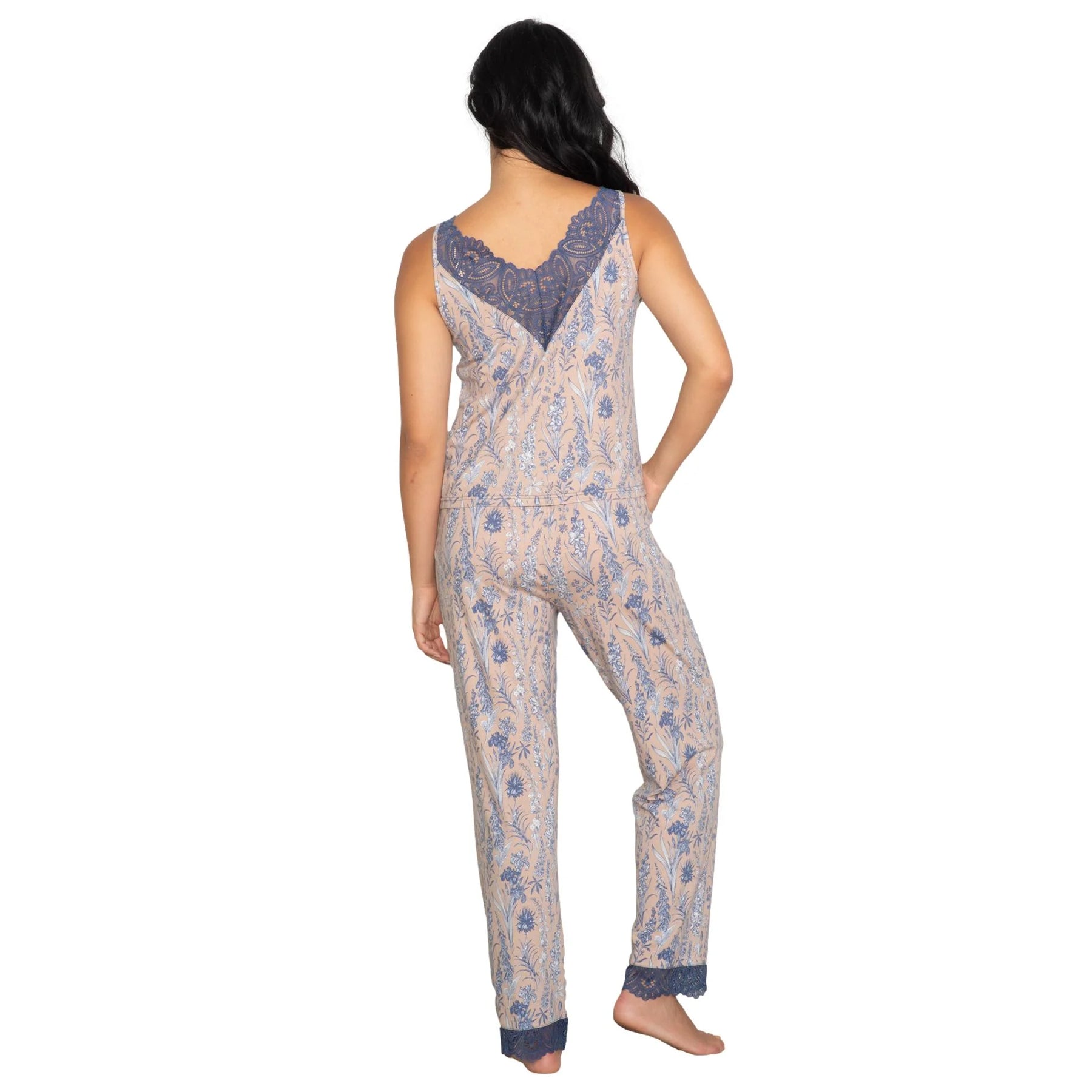 Back view of floral print pajama set with lace detail at the neckline and relaxed straight-leg pants
