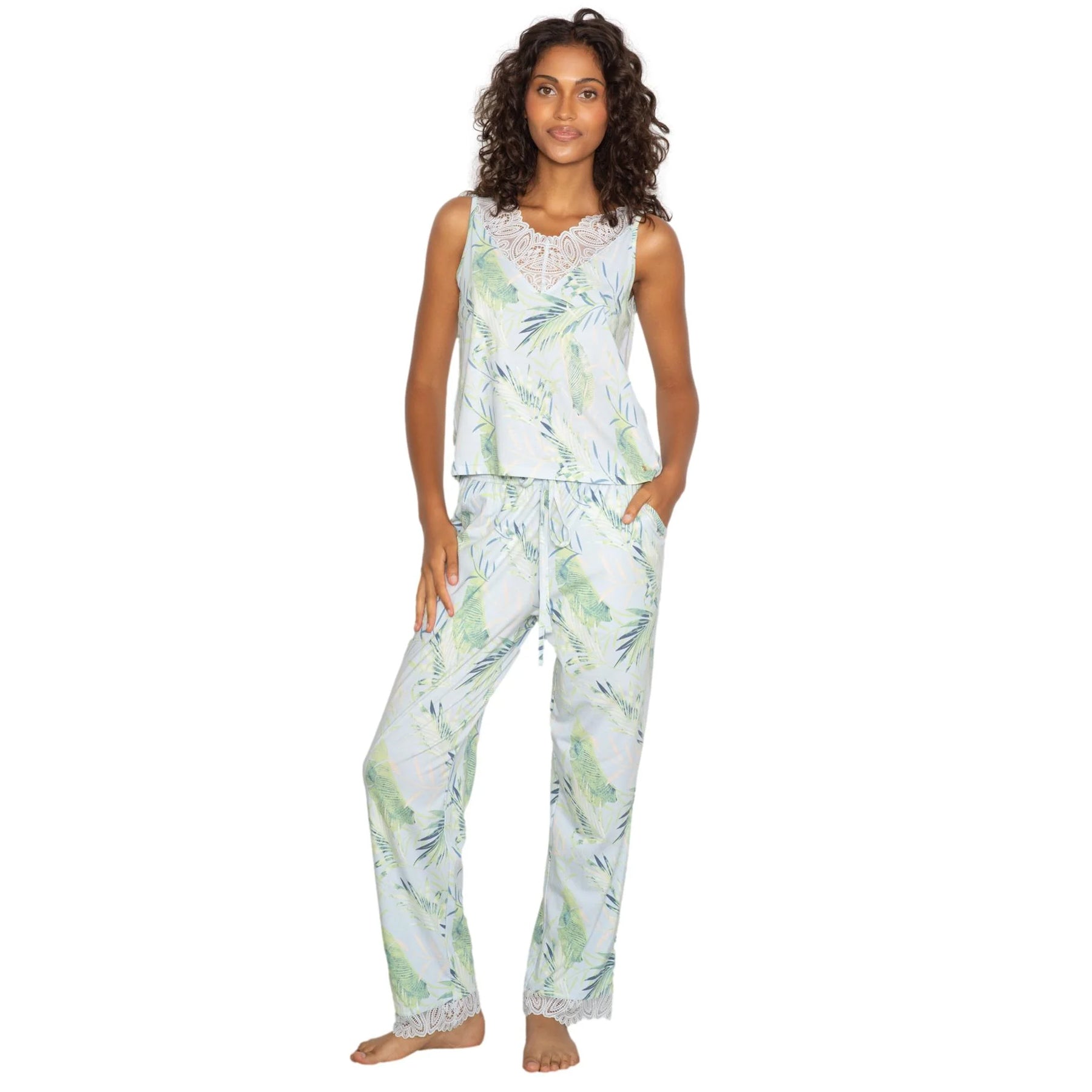 Light blue tropical print sleeveless pyjama set with lace neckline detail and relaxed fit pants, front view on model