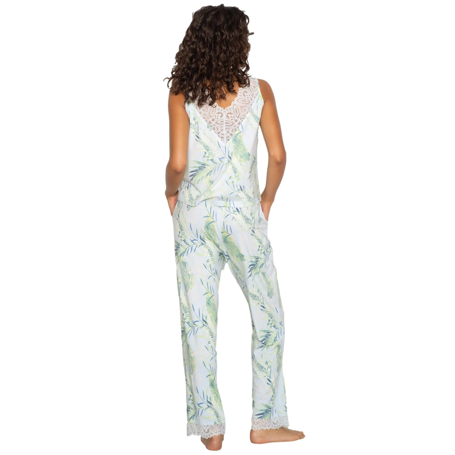 Light blue palm print pyjama set with lace back detail and relaxed silhouette, back view on model