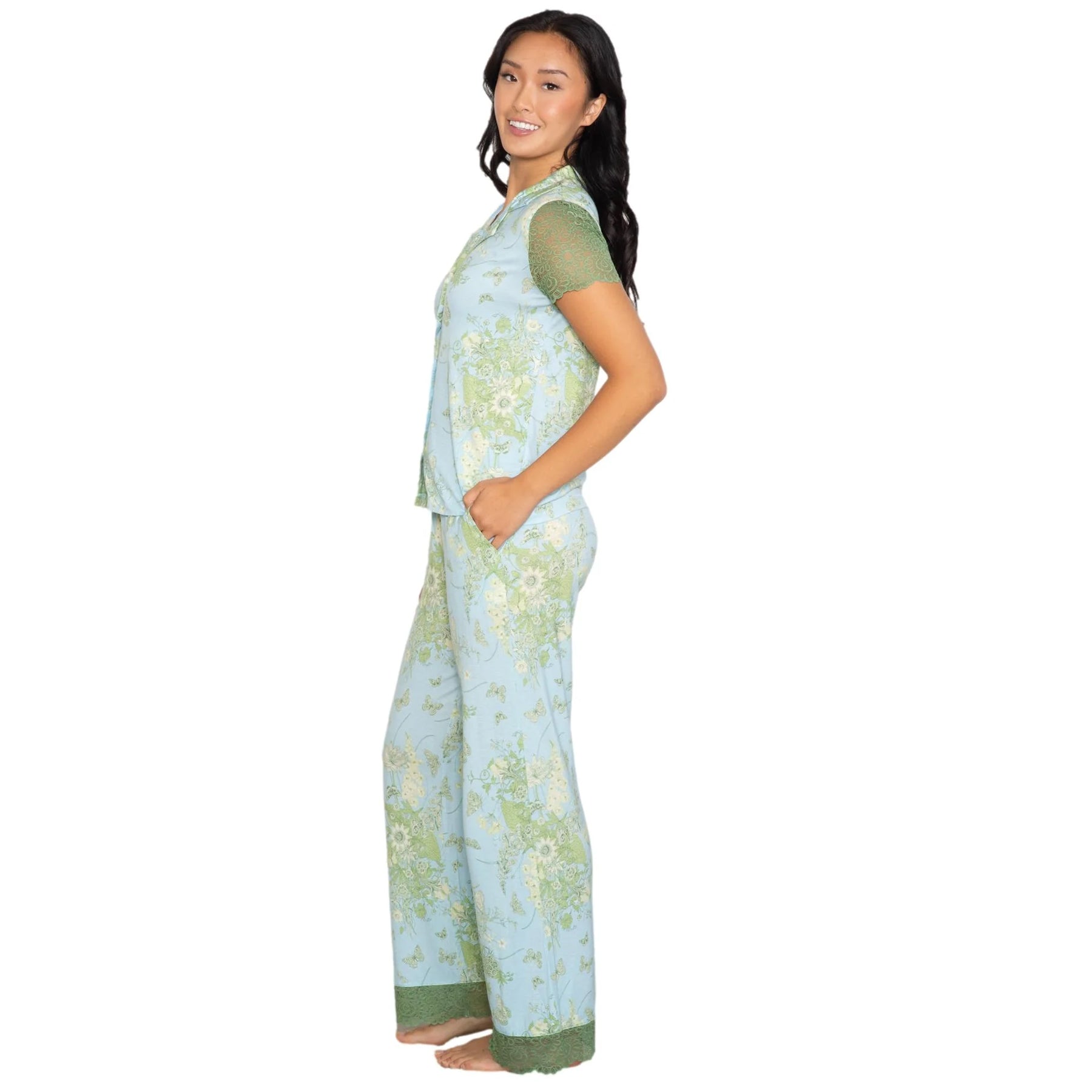 Side view of light blue and green floral pajama set with lace sleeve detail and straight-leg pants, soft and comfortable sleepwear