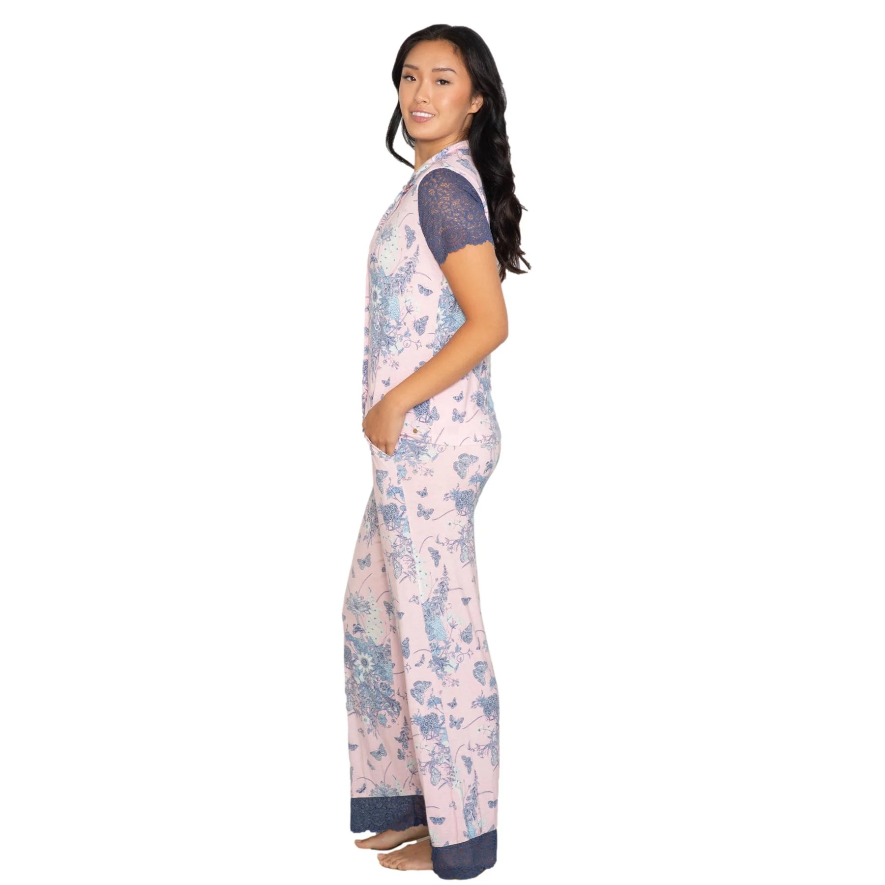 Side view of pink floral print pajama set with delicate blue lace sleeves and comfortable straight-leg fit
