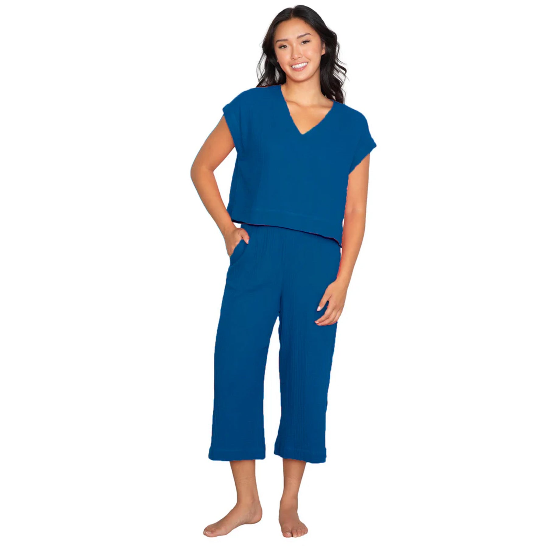 Blue relaxed-fit lounge set with cap sleeve V-neck top and cropped wide-leg pants, front view