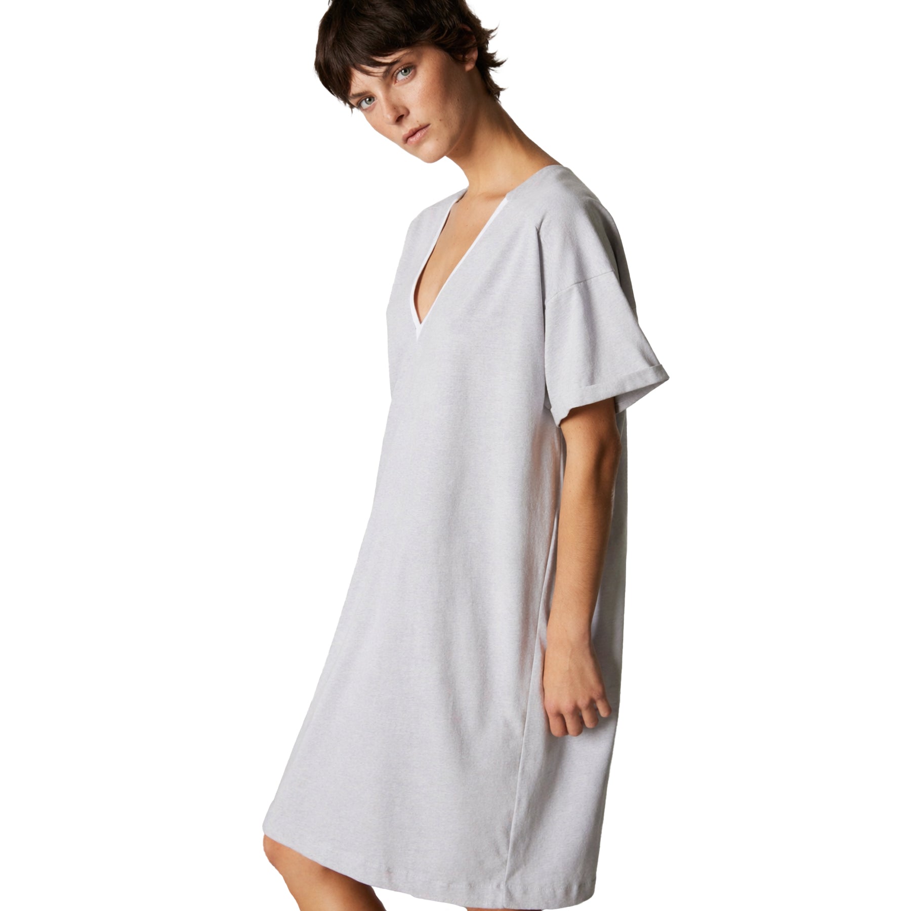 Light grey short-sleeve nightdress with deep V-neck, relaxed fit on model