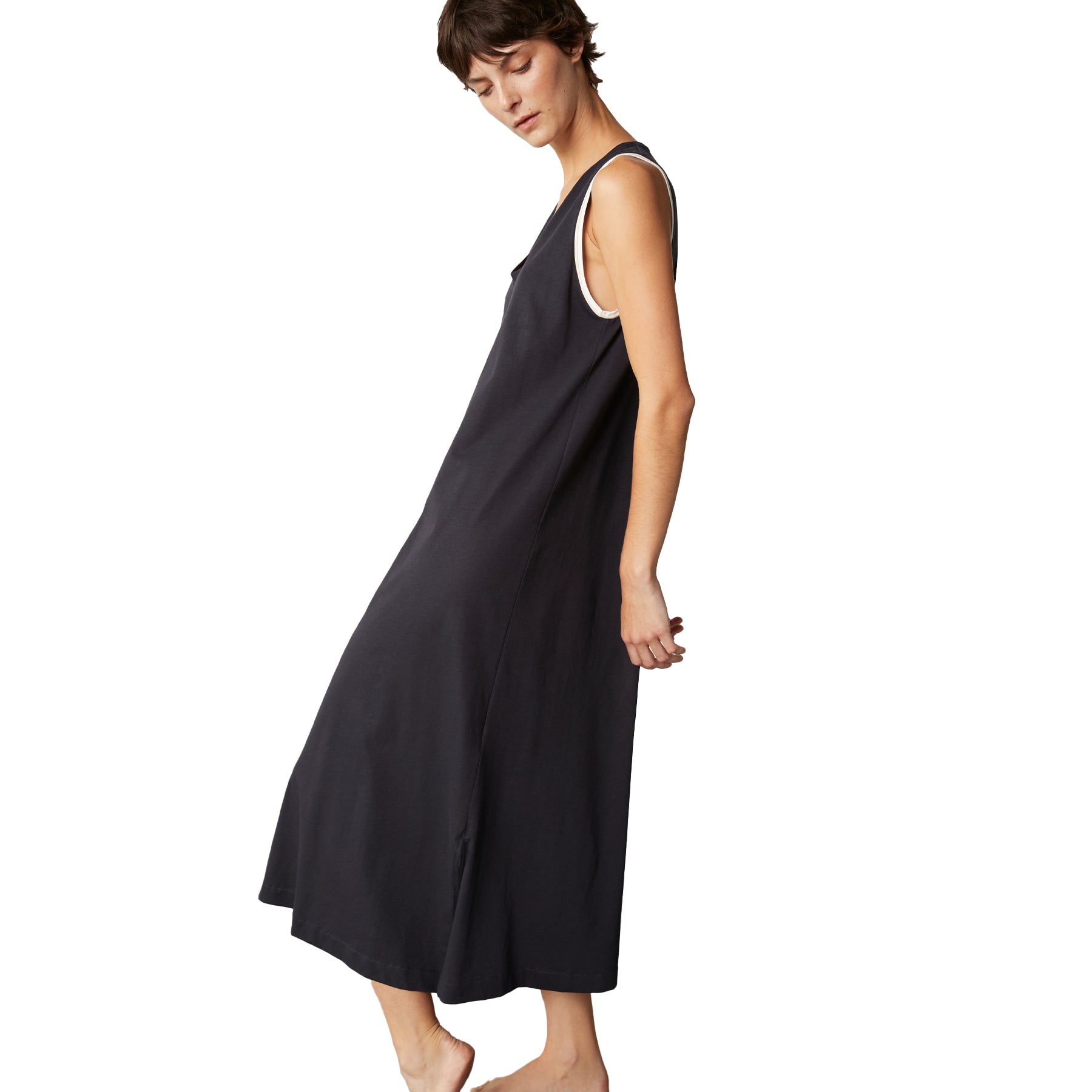 Navy sleeveless long nightdress with contrast white armhole trim, relaxed A-line fit on model
