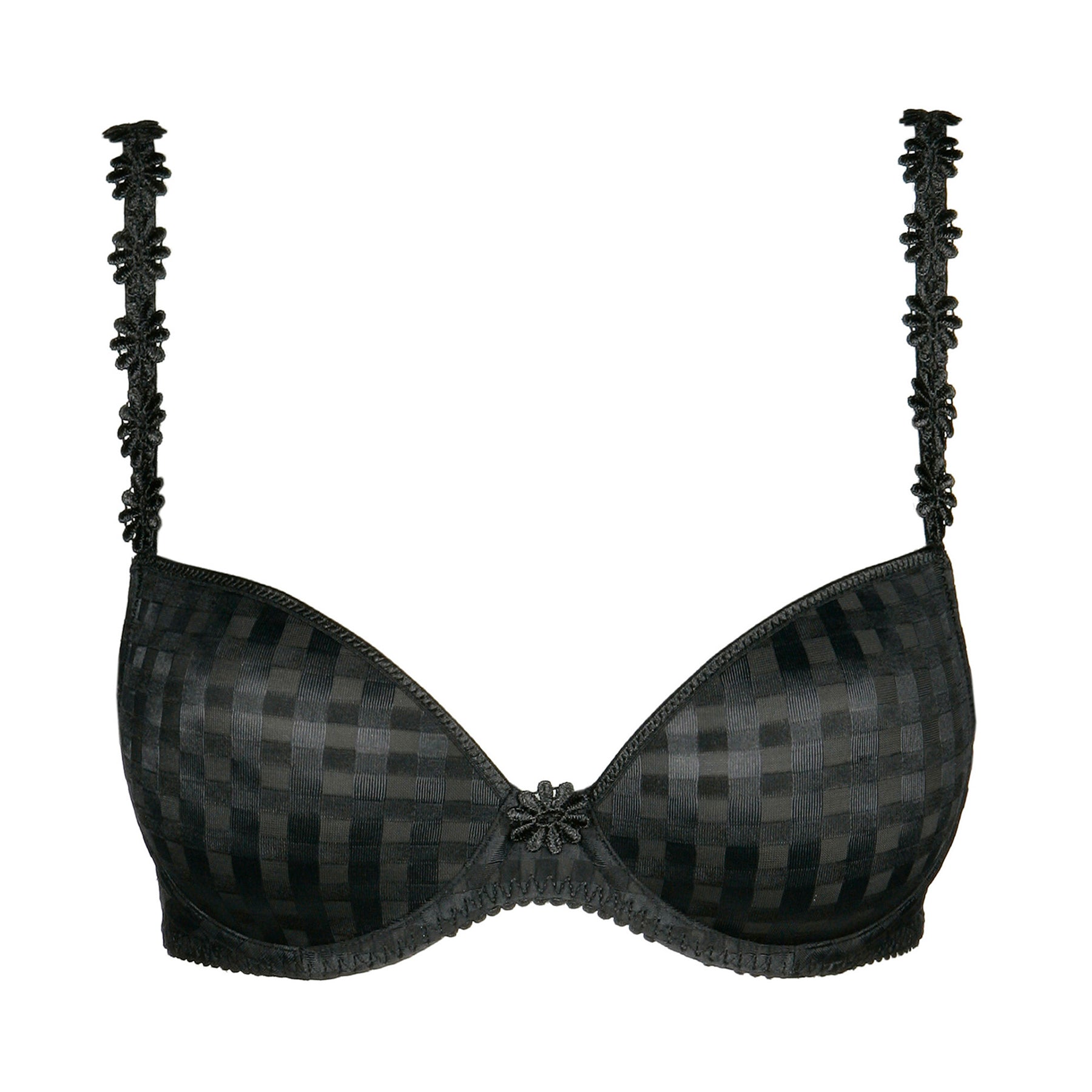 Padded plunge bra in black with checkerboard print and embroidered daisy straps. Front view without model. 