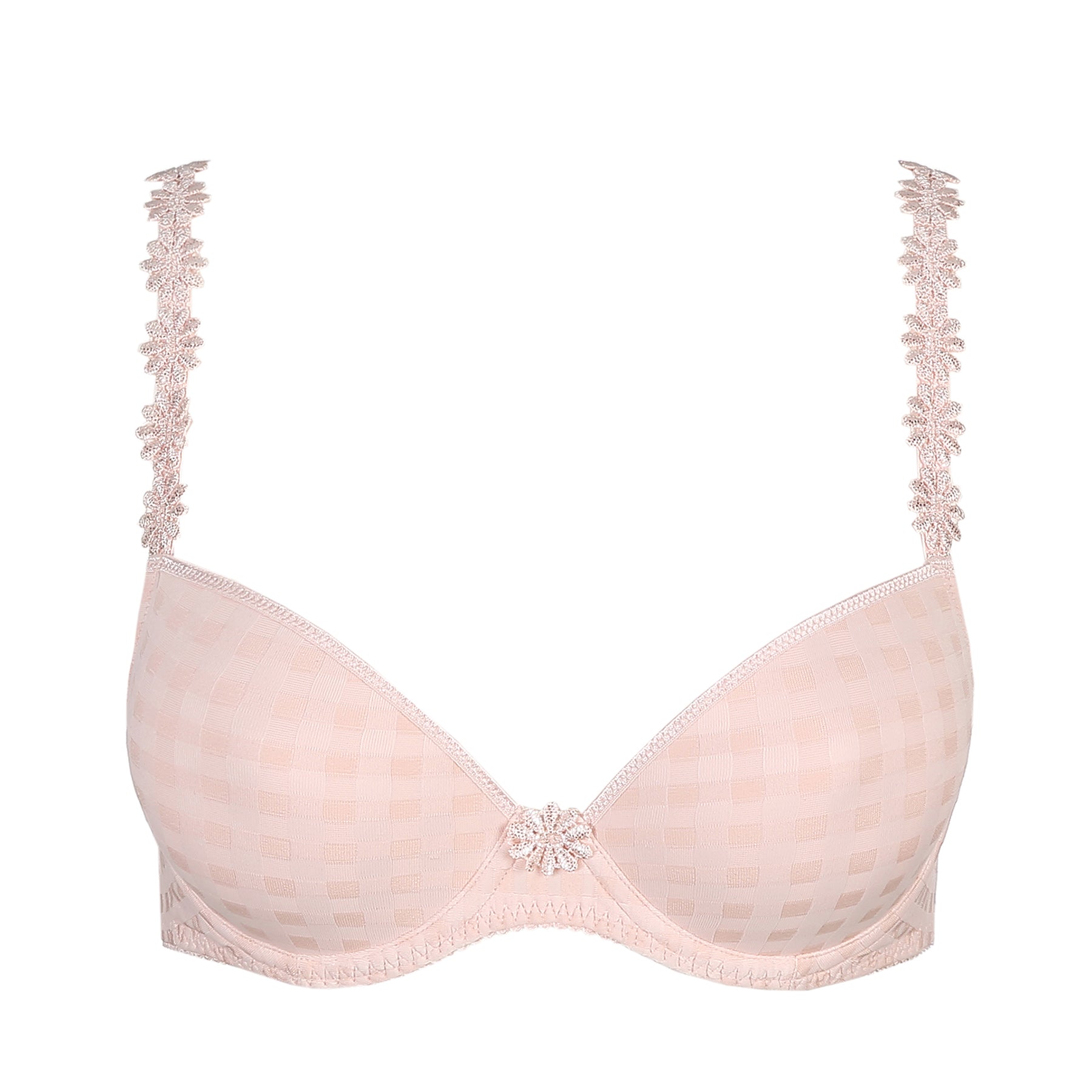 Padded plunge bra in pearly pink with checkerboard print and embroidered daisy straps. Front view without model. 