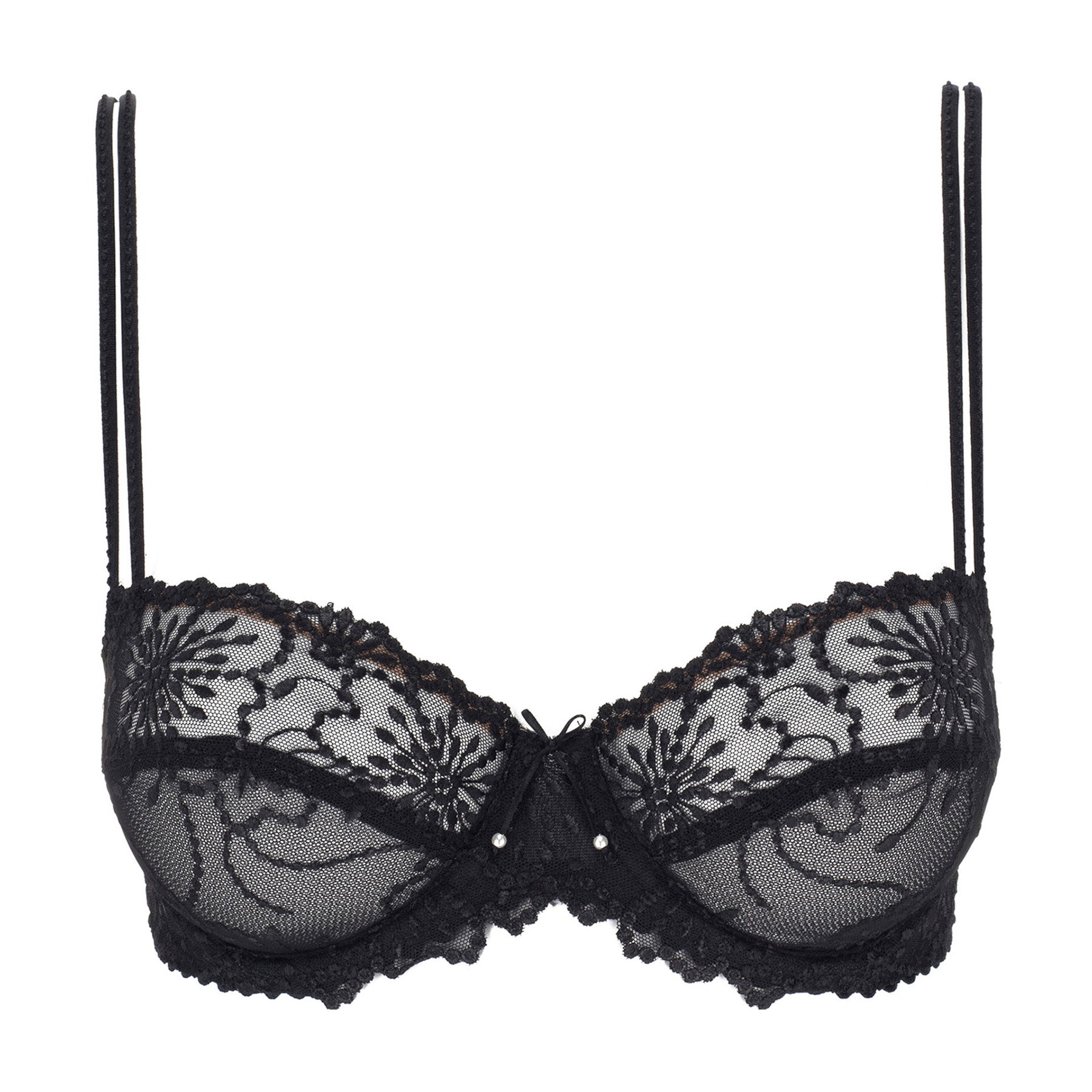 Front product shot of Marie Jo Jane balcony bra in black featuring sheer lace cups, double straps, and elegant floral embroidery
