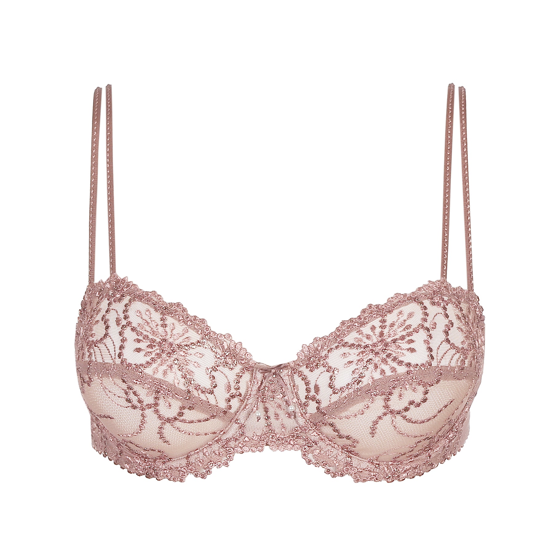 Product image of Marie Jo Jane balcony bra in bois de rose with sheer floral lace, delicate scalloped edges, and double straps