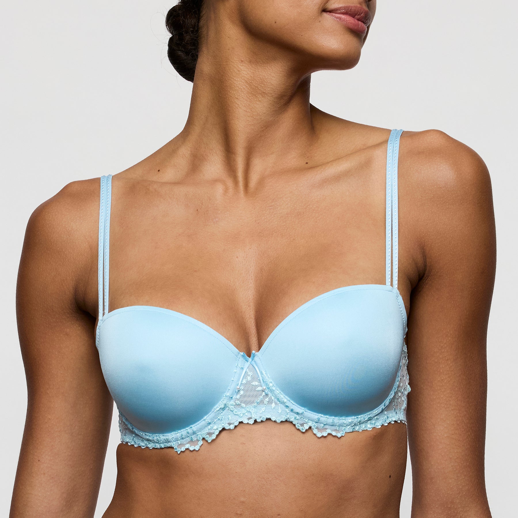 Marie Jo 010-1339 Jane balcony demi cup in milky blue. Front view on model. 