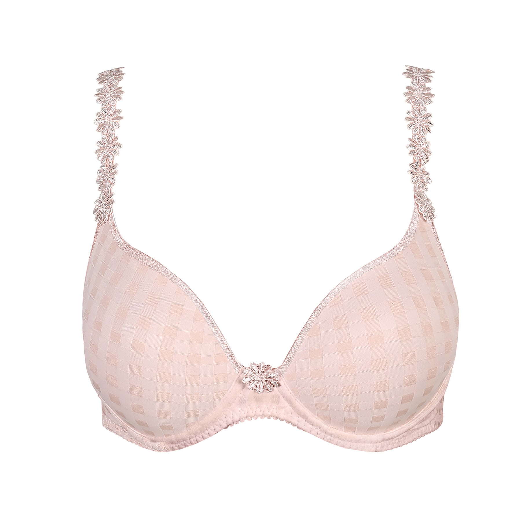 Marie Jo Avero Balcony Padded Heart Bra in Pearly Pink with floral straps and soft checkered texture – flat lay