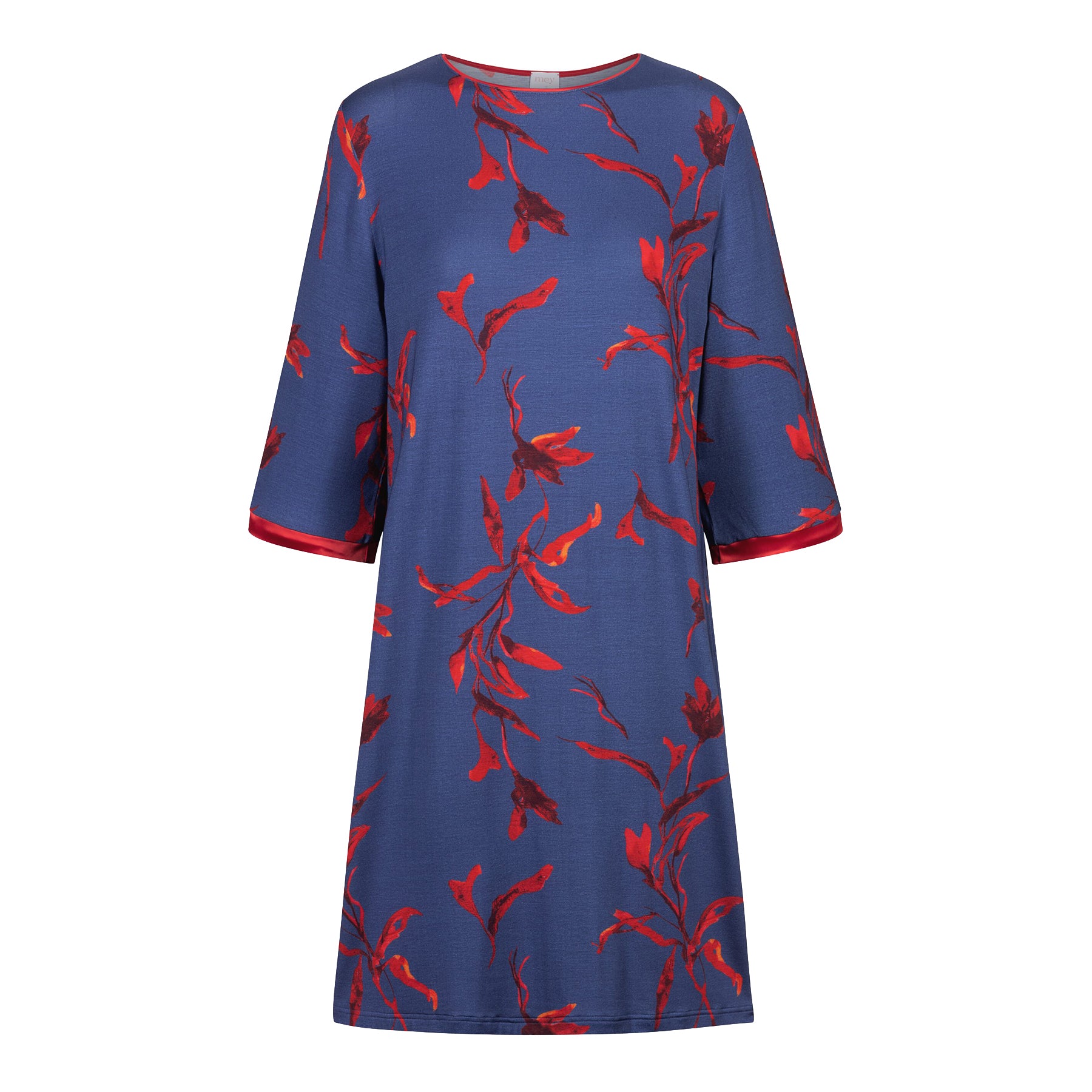 mey royal garden 3-4 sleeve sleepshirt astral night blue floral nightdress with contrast sleeve trim flat lay