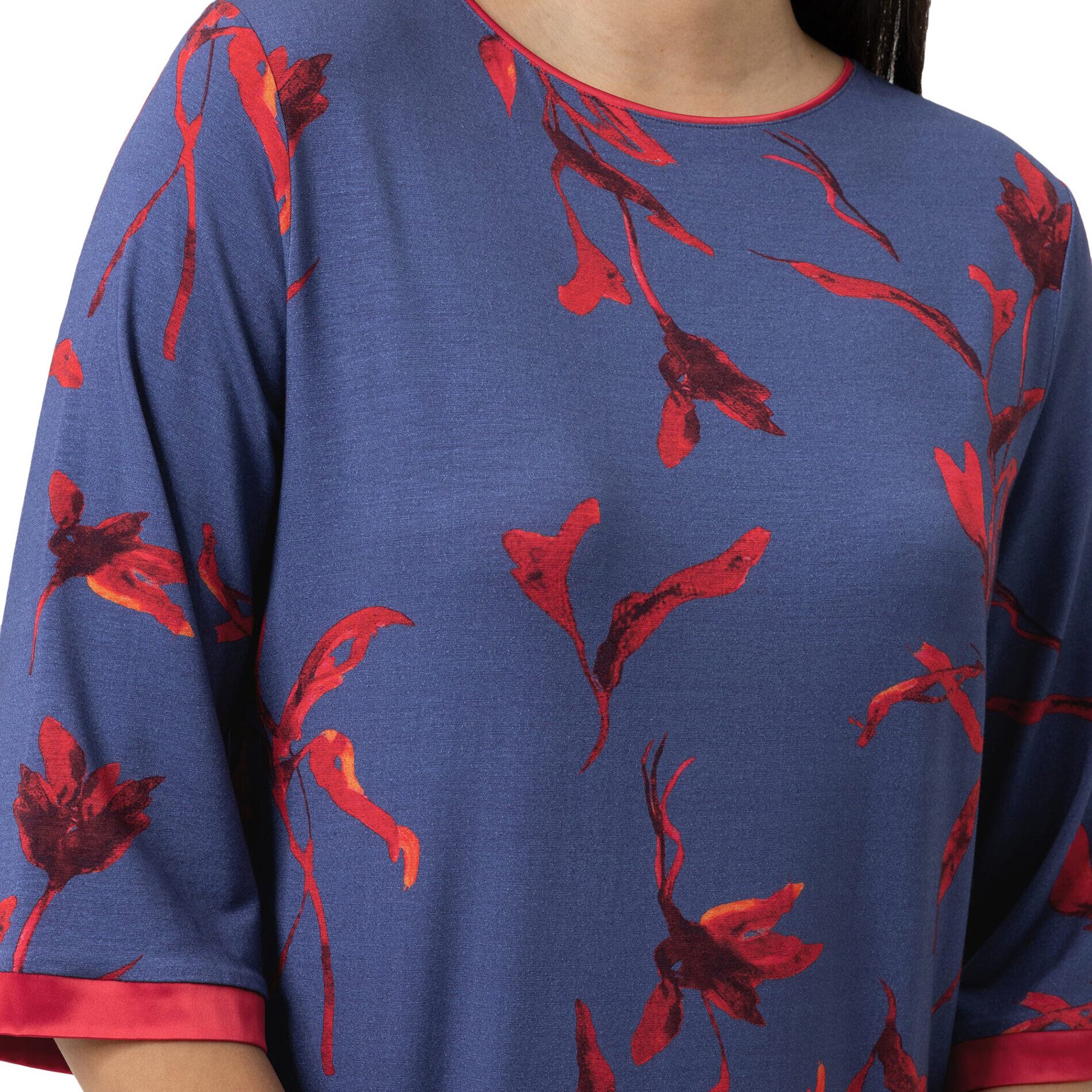 mey royal garden sleepshirt astral night blue floral print 3-4 sleeve soft modal blend close-up neckline trim