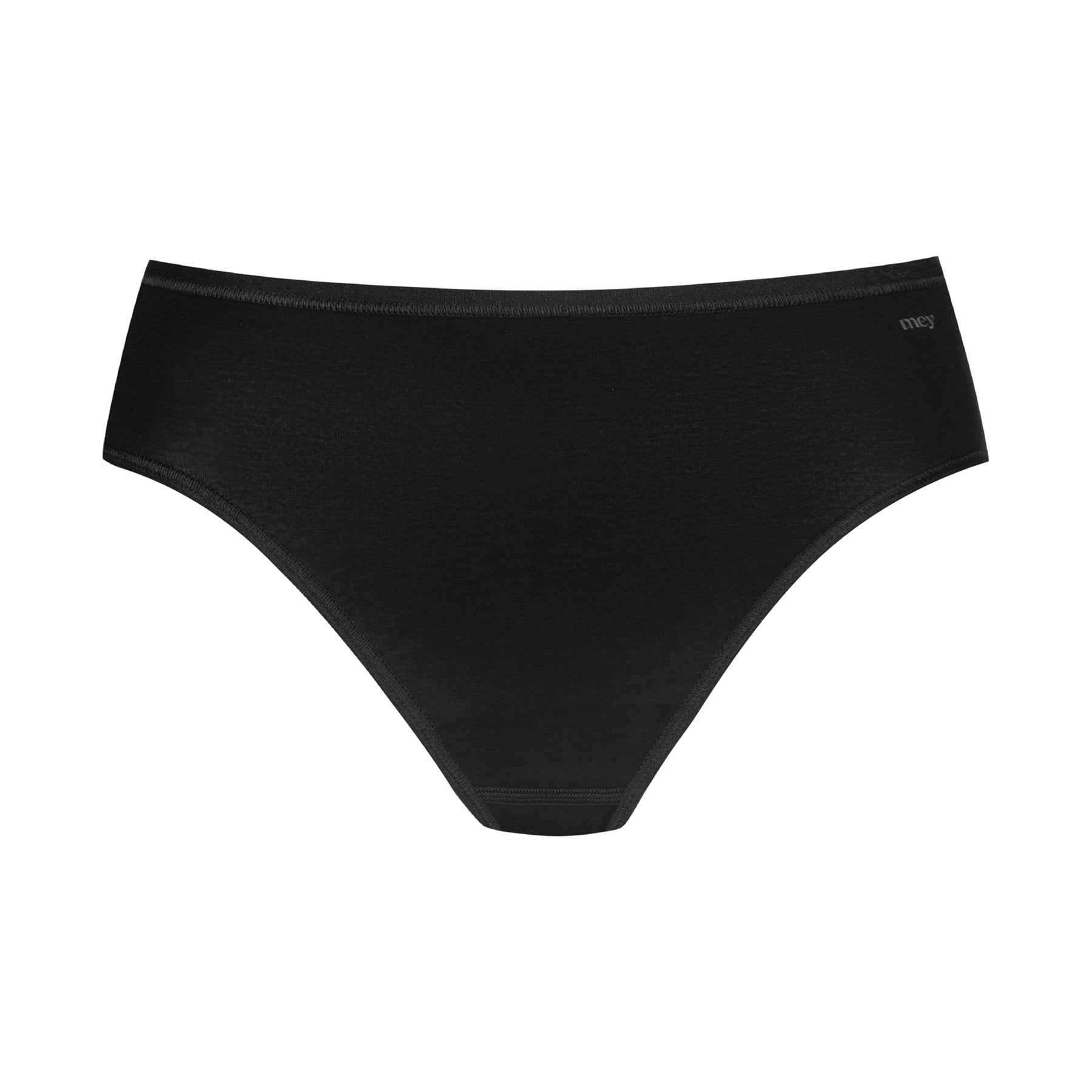 Black organic cotton bikini panty by Mey with clean edges and comfortable everyday fit