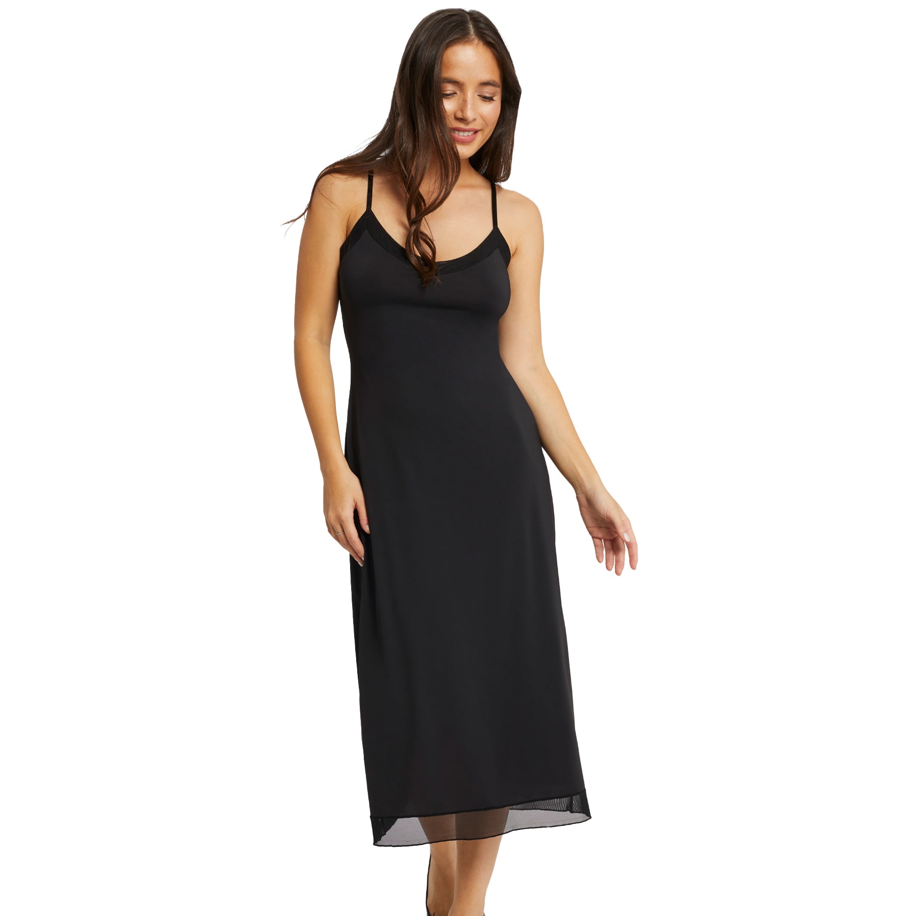 Front view of Montelle Intimates 48-inch black maxi slip - V-neck with sheer hem.