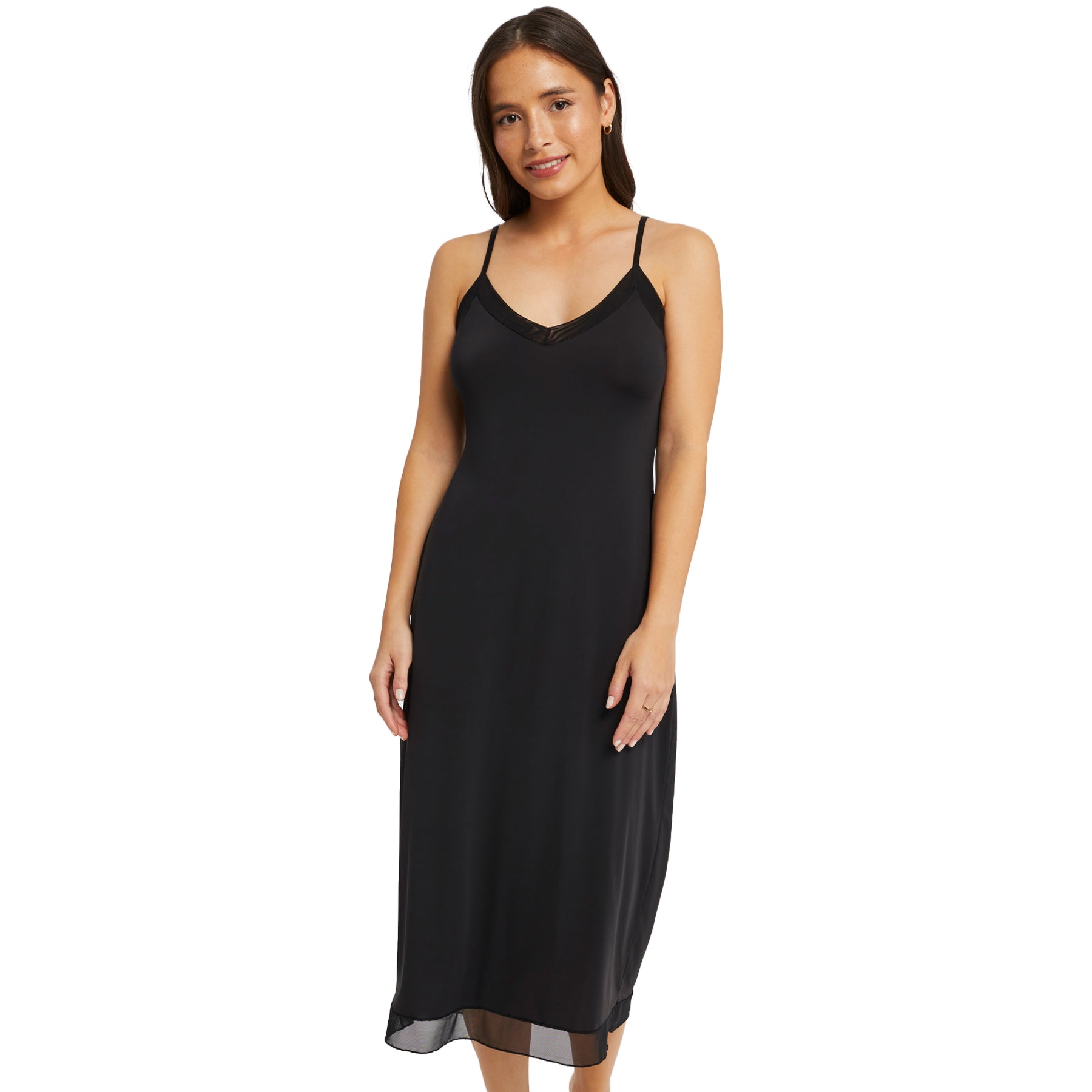 Angled pose in Montelle black maxi slip - lightweight fit with mesh detailing.