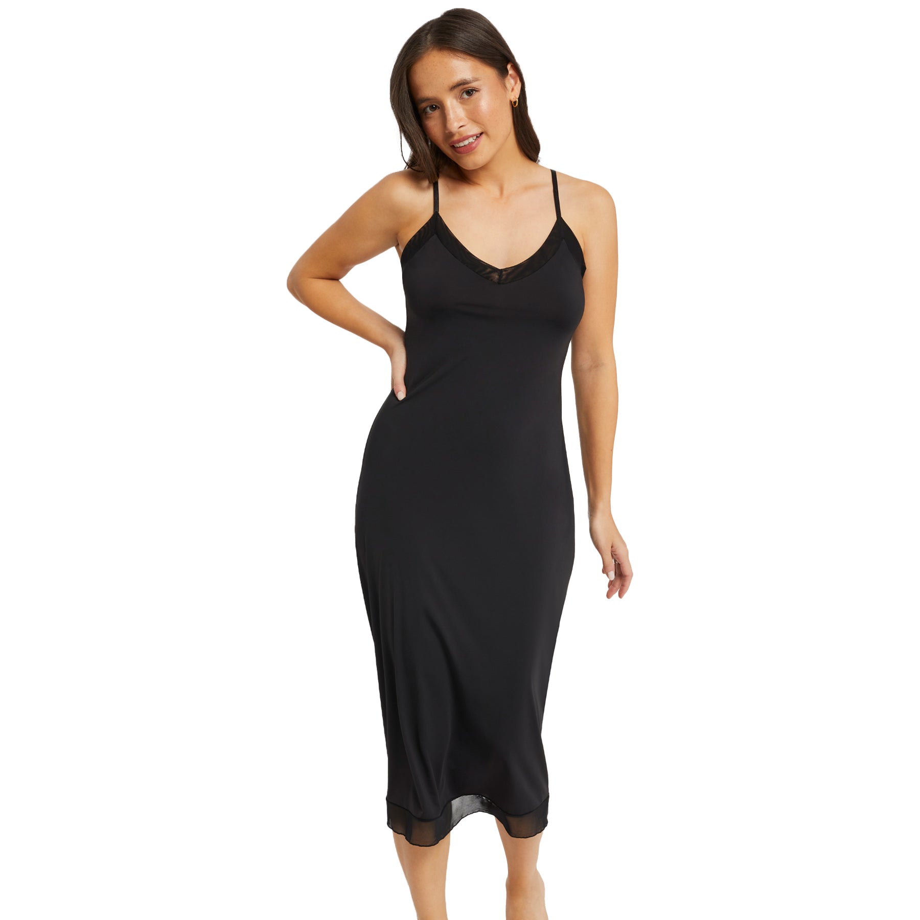 Model in motion wearing Montelle black 48-inch slip - smooth microfiber finish.