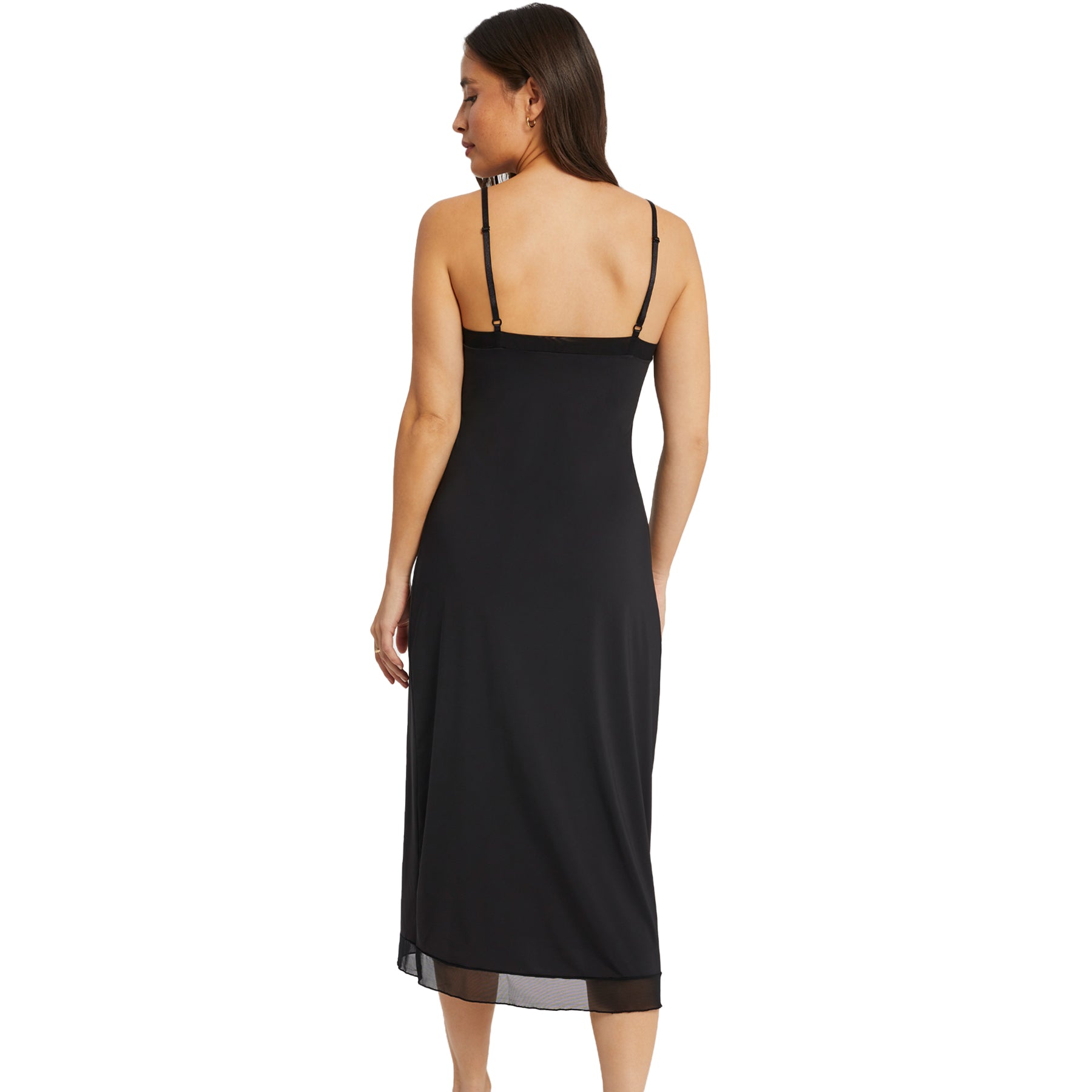 Back view of Montelle black maxi slip - flowy fabric and mesh trim at hem.