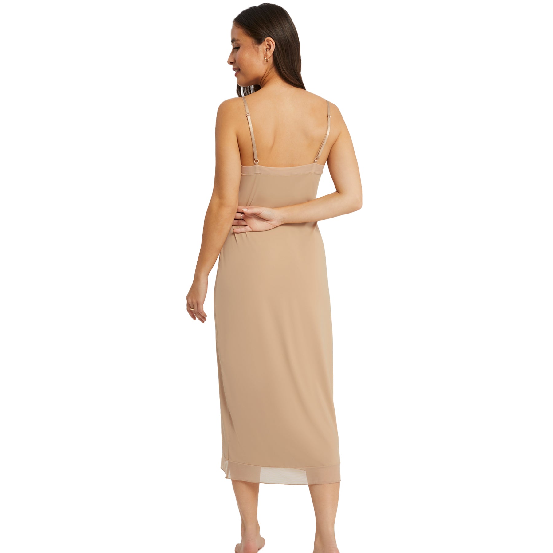 Back view of Montelle sand maxi slip - mesh-trimmed hem and smooth drape.