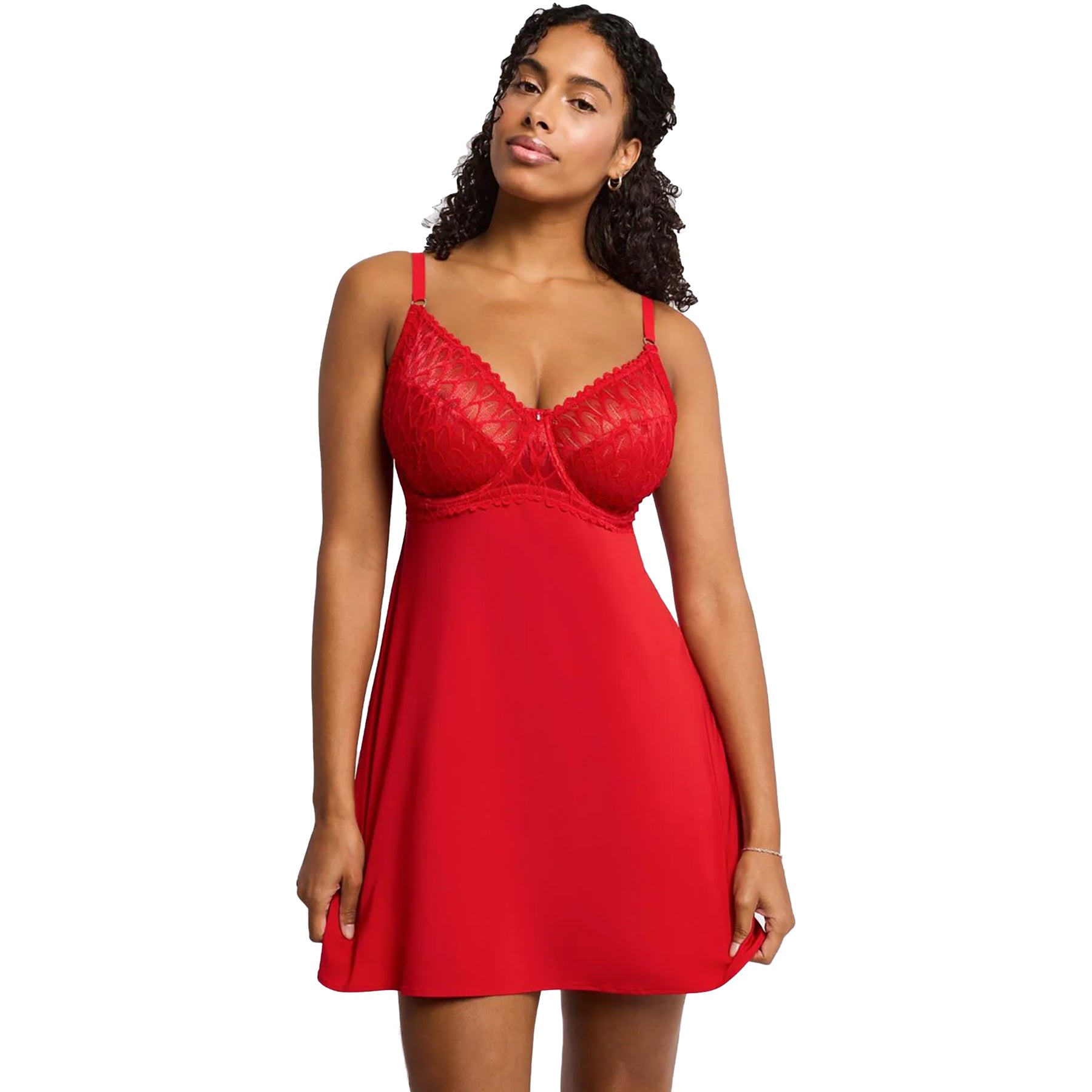 Montelle intimates 9306 underwired babydoll and thong set in sweet red. Front view on model.