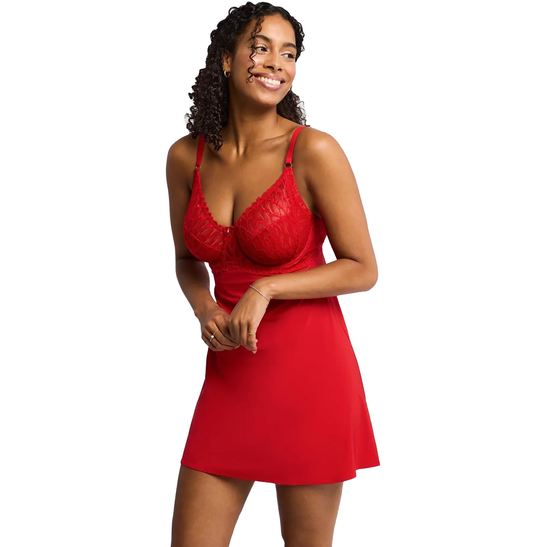 Montelle intimates 9306 underwired babydoll and thong set in sweet red. Alternate front view on model.