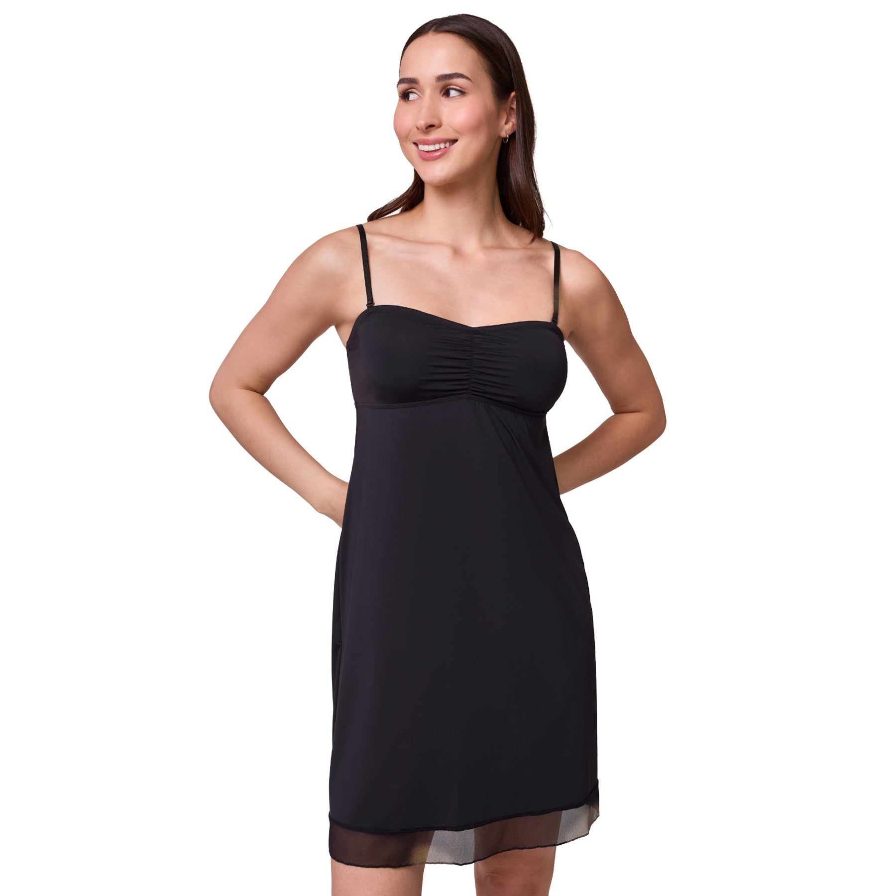 Montelle 9506 strapless 36-inch slip in Black colour with detachable straps and lightweight smoothing fabric, smiling model front view.