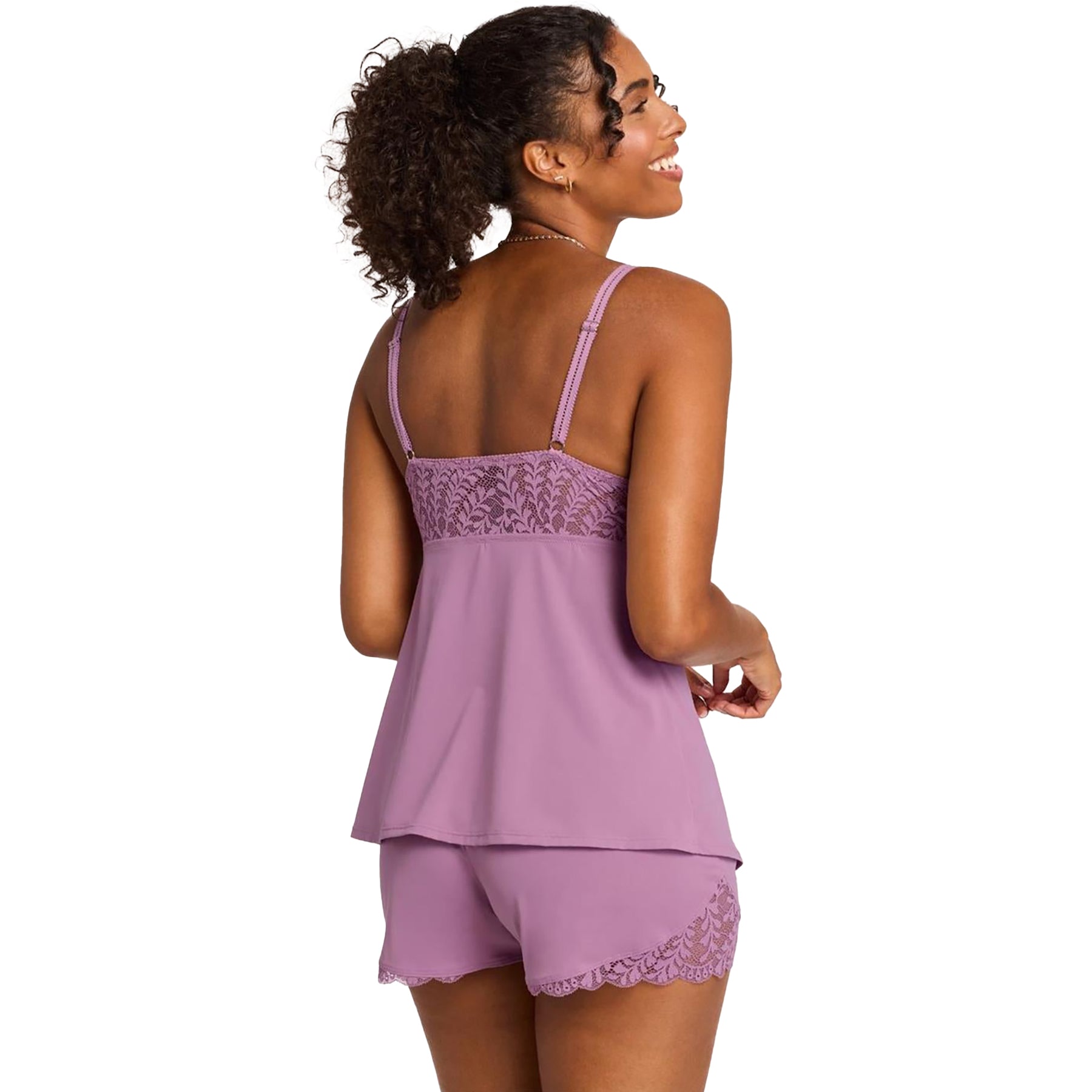 Back view of Montelle Berry Glaze lace cami and shorts pajama set – soft stretch fabric with lace trim, woman smiling over shoulder.