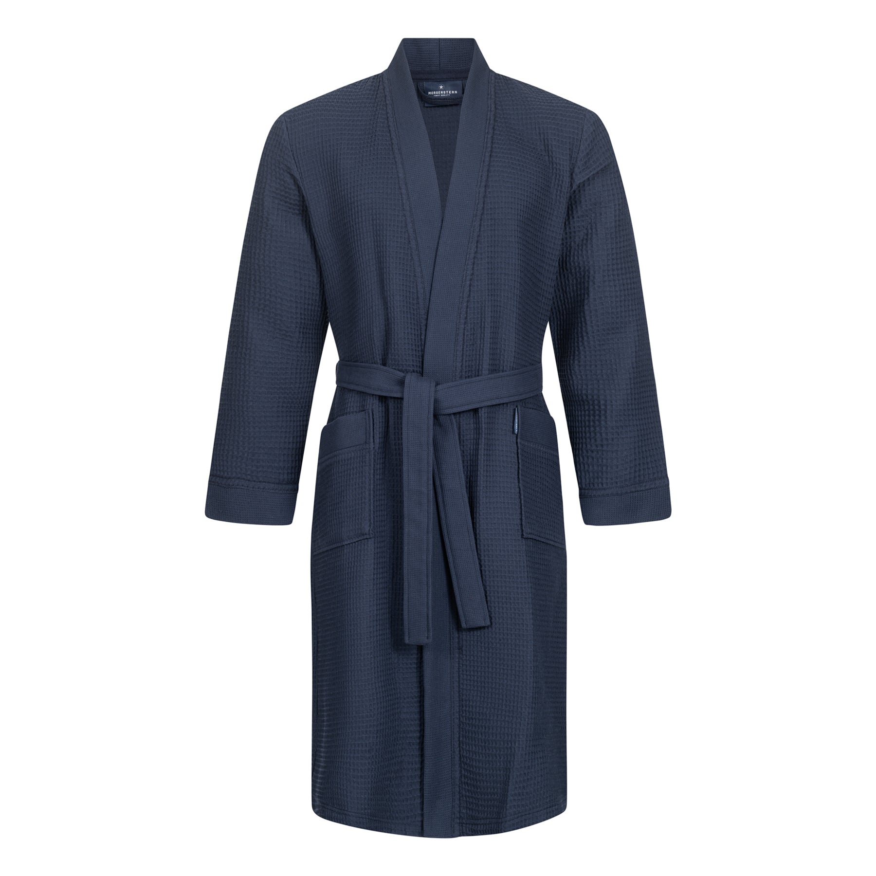 Morgenstern long unisex waffle robe in navy – 100% cotton spa robe with belt and front pockets.