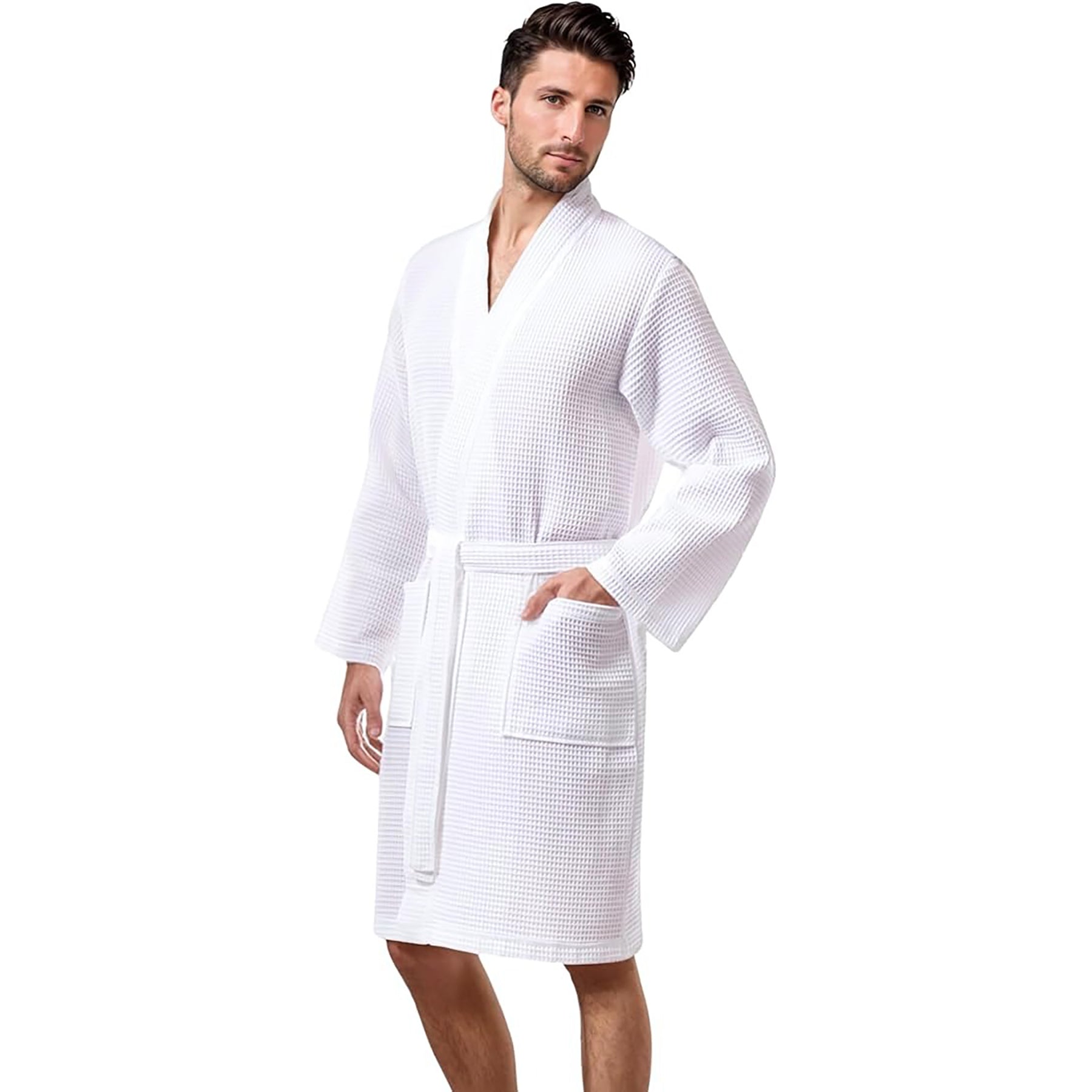 Side-front view of man in white cotton waffle robe – soft, breathable, and perfect for lounging.