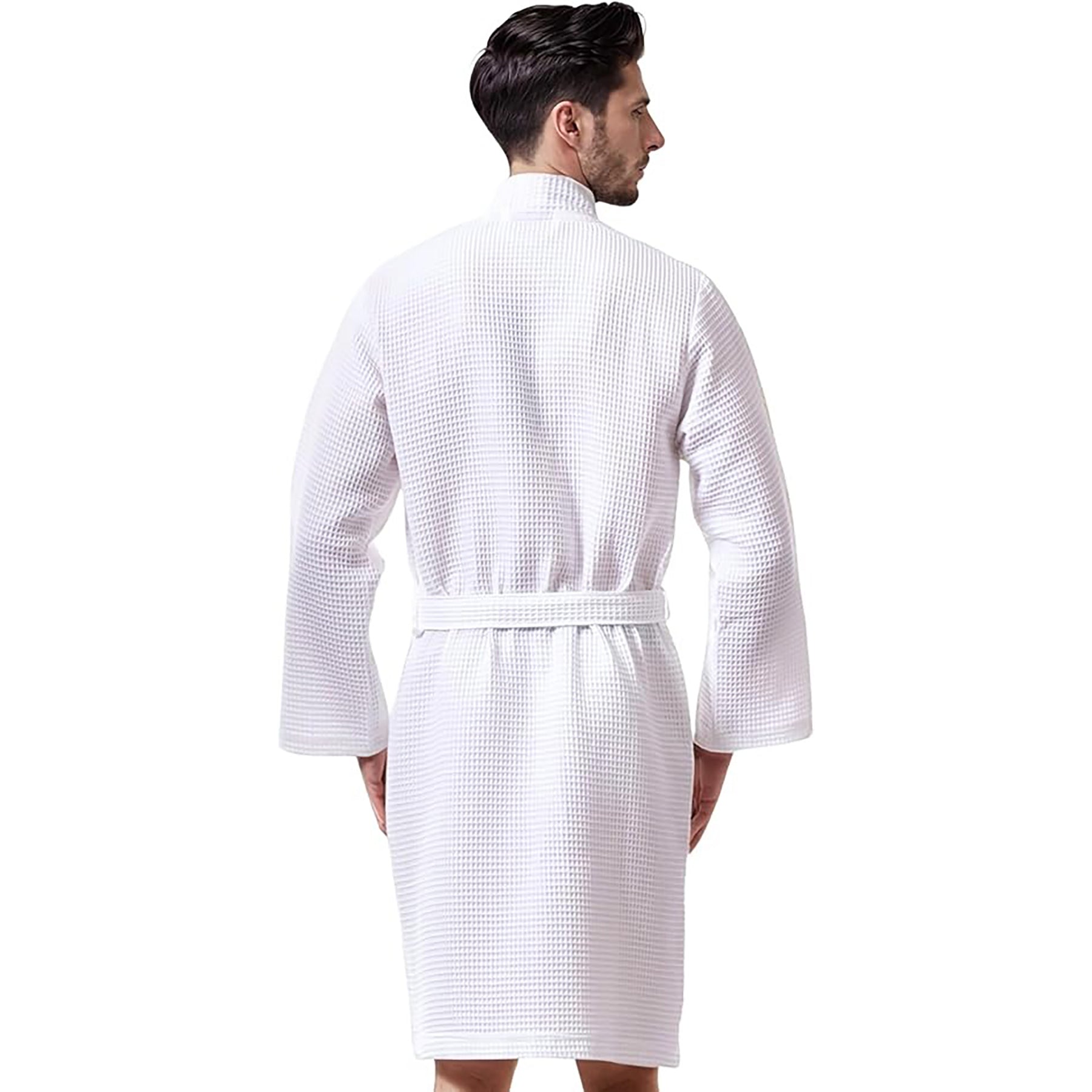 Back view of man wearing white cotton waffle robe – classic spa robe with a relaxed fit.