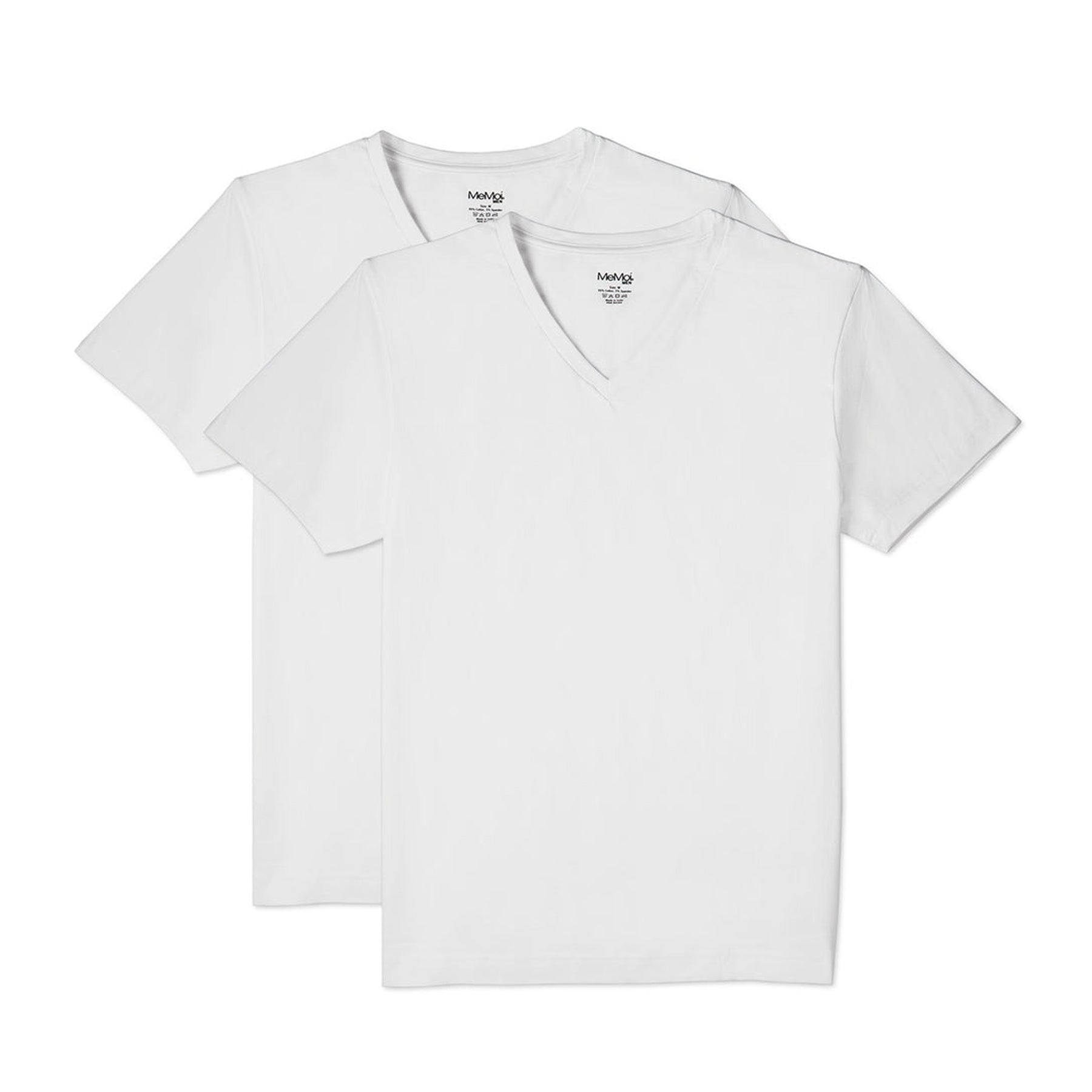 Two white MeMoi Men’s V-neck cotton T-shirts in classic fit, pack of two