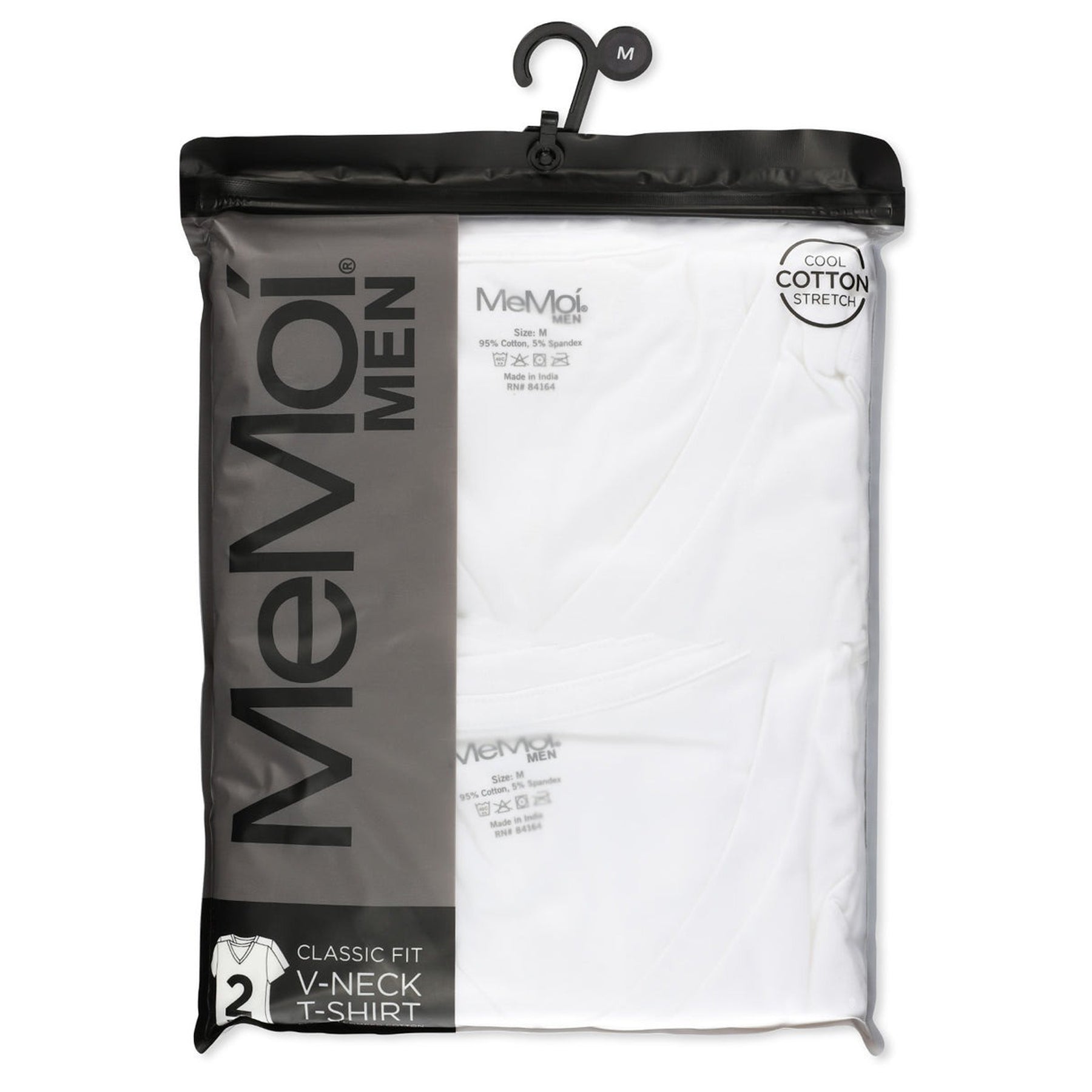 MeMoi Men’s Classic Fit V-Neck T-Shirt 2-pack packaging, cotton stretch white shirts