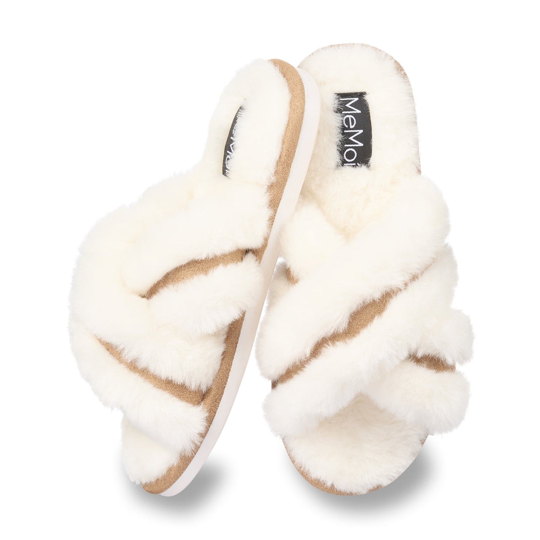 Pair of ivory faux fur crossband slippers with cushioned sole and open-toe design by MeMoi.