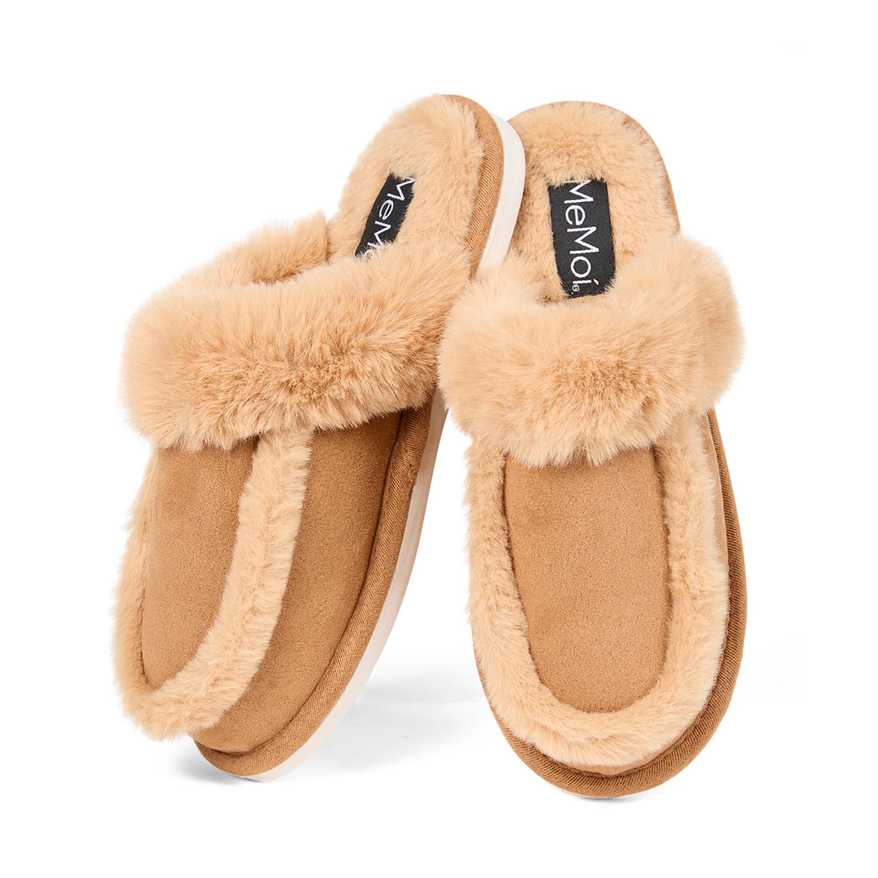 Pair of chestnut brown faux suede slippers with plush beige faux fur trim and cushioned sole