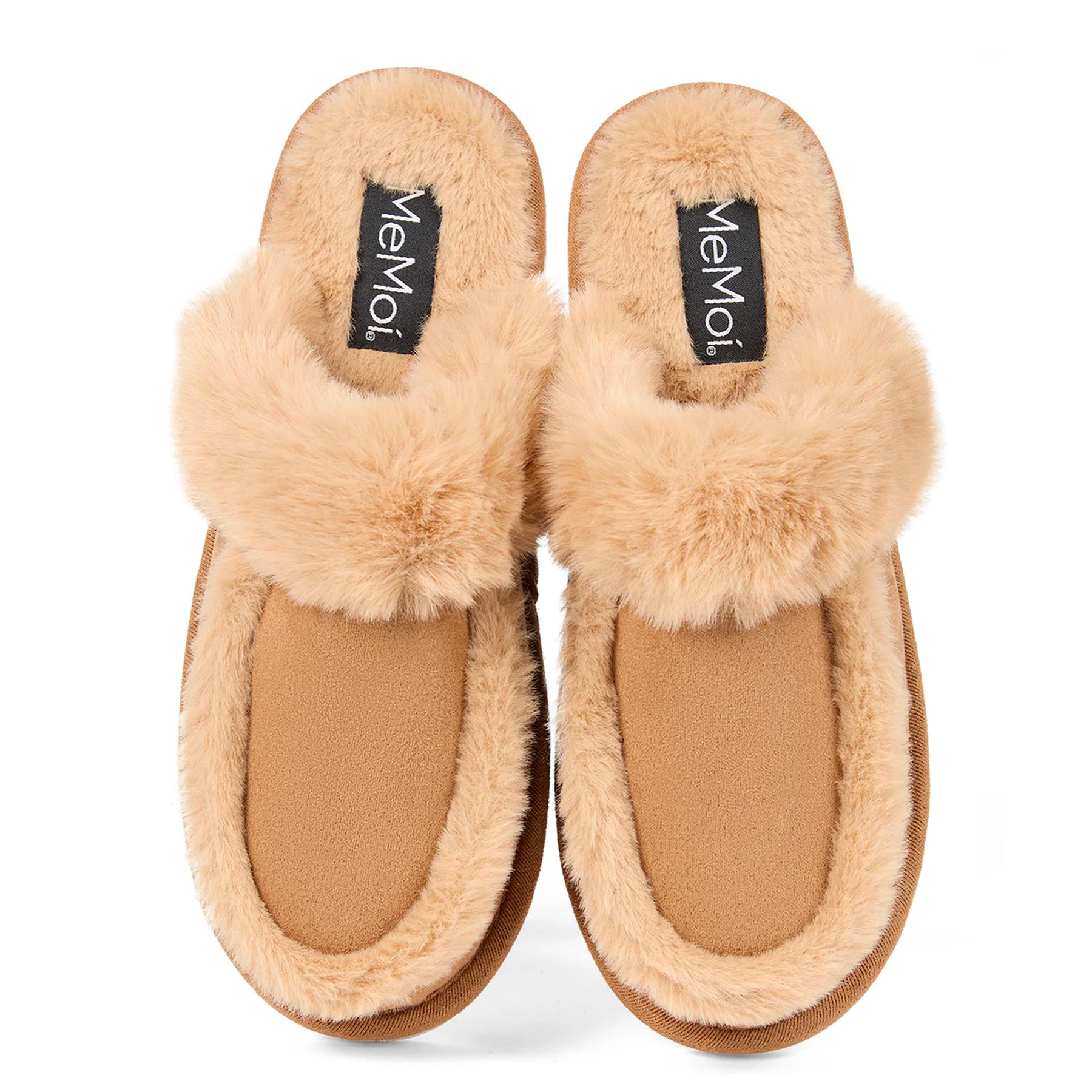 Top view of chestnut brown faux suede slippers with soft beige faux fur lining and MeMoi logo on insole