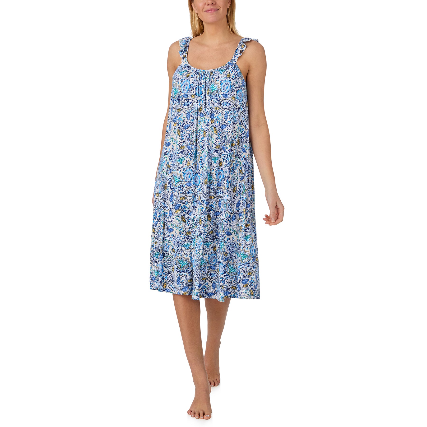 Ellen Tracy sleeveless nightgown featuring a blue floral paisley print, ruffled shoulder straps, a softly gathered neckline, and an elegant midi-length silhouette.