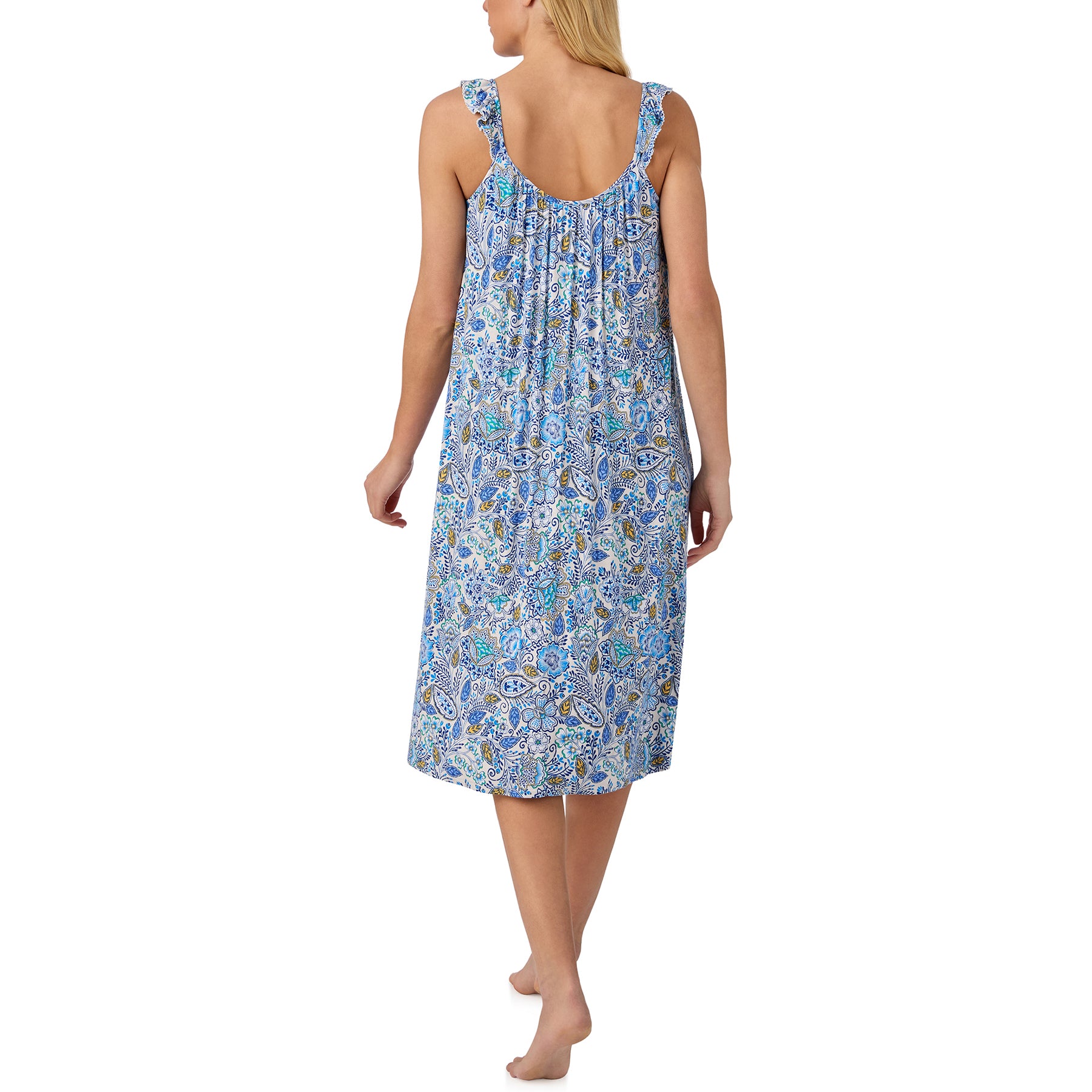 Back view of the Ellen Tracy floral sleep dress with a relaxed flowing fit, lightweight drape, and all-over botanical paisley print.