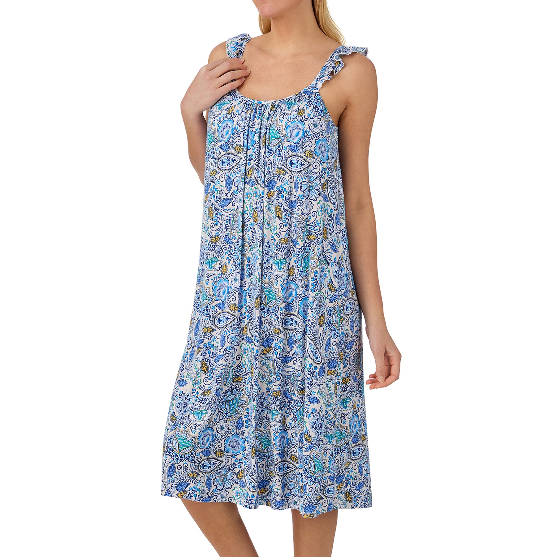 Ellen Tracy sleeveless sleep gown featuring a graceful gathered neckline, delicate ruffle accents, and a refreshing blue floral paisley design.