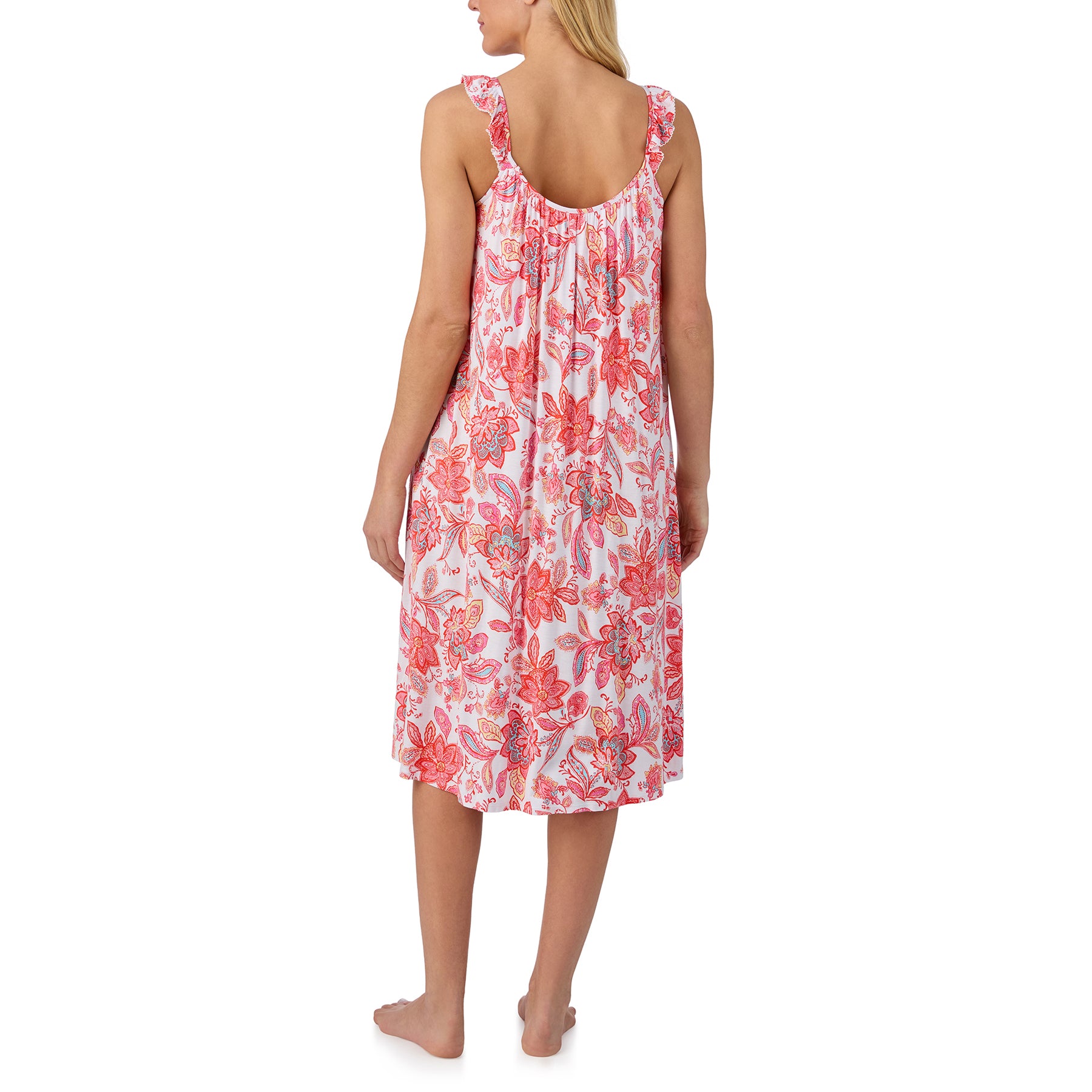 Back view of pink floral sleeveless chemise with coral paisley print and soft gathered neckline