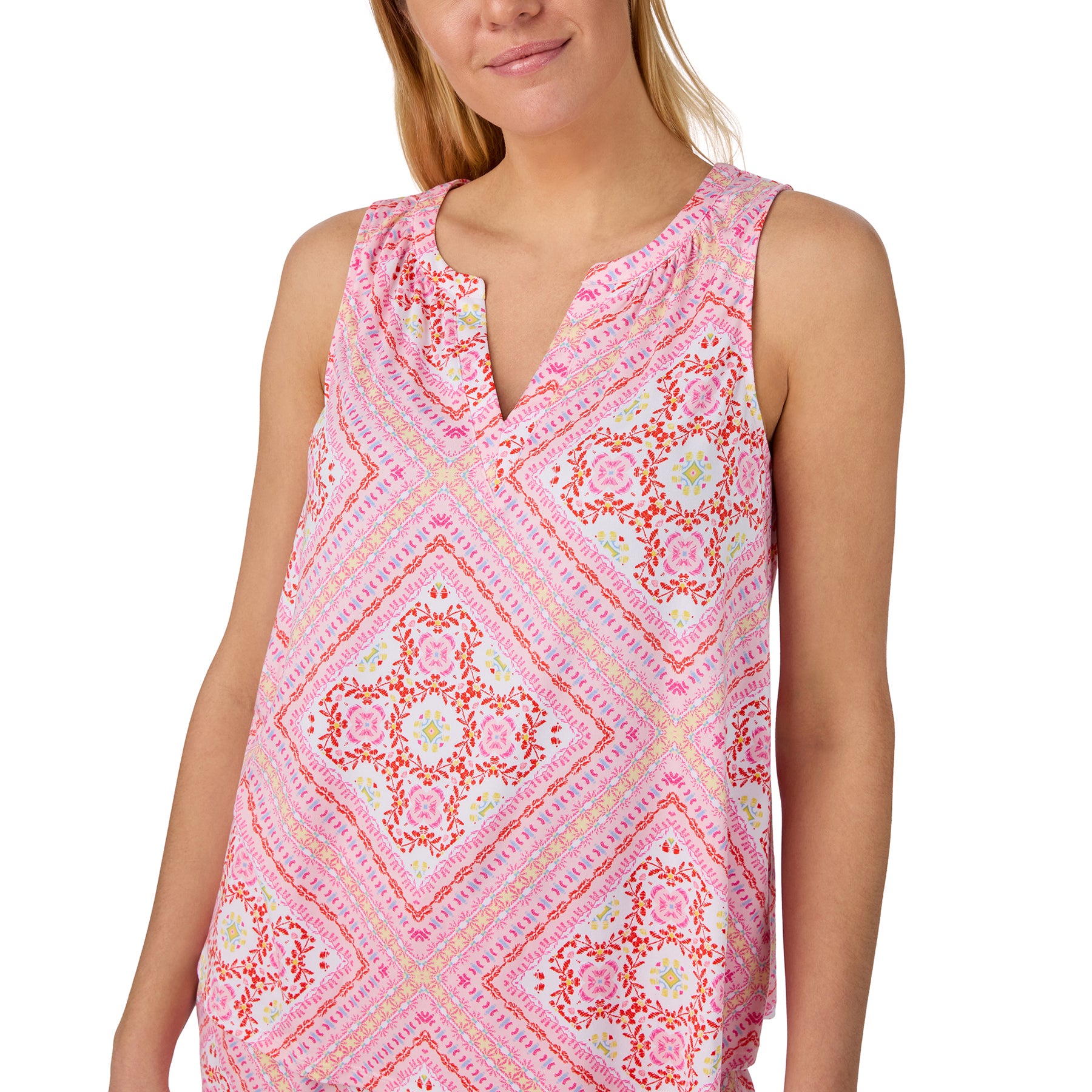 Sleeveless pink pajama top with soft geometric scarf print and relaxed lightweight fit