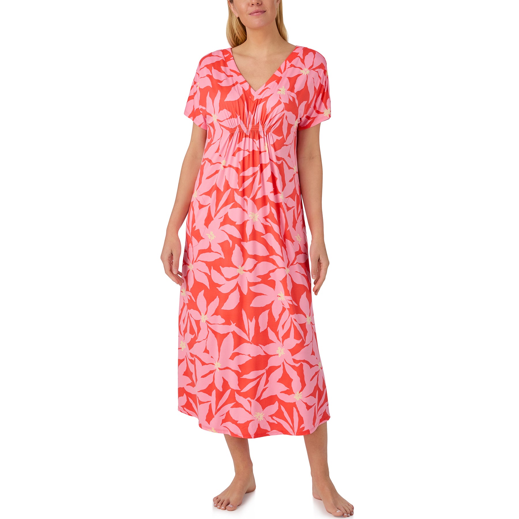 Relaxed fit maxi sleep dress in vibrant coral floral print with gathered waist detail and flowing silhouette